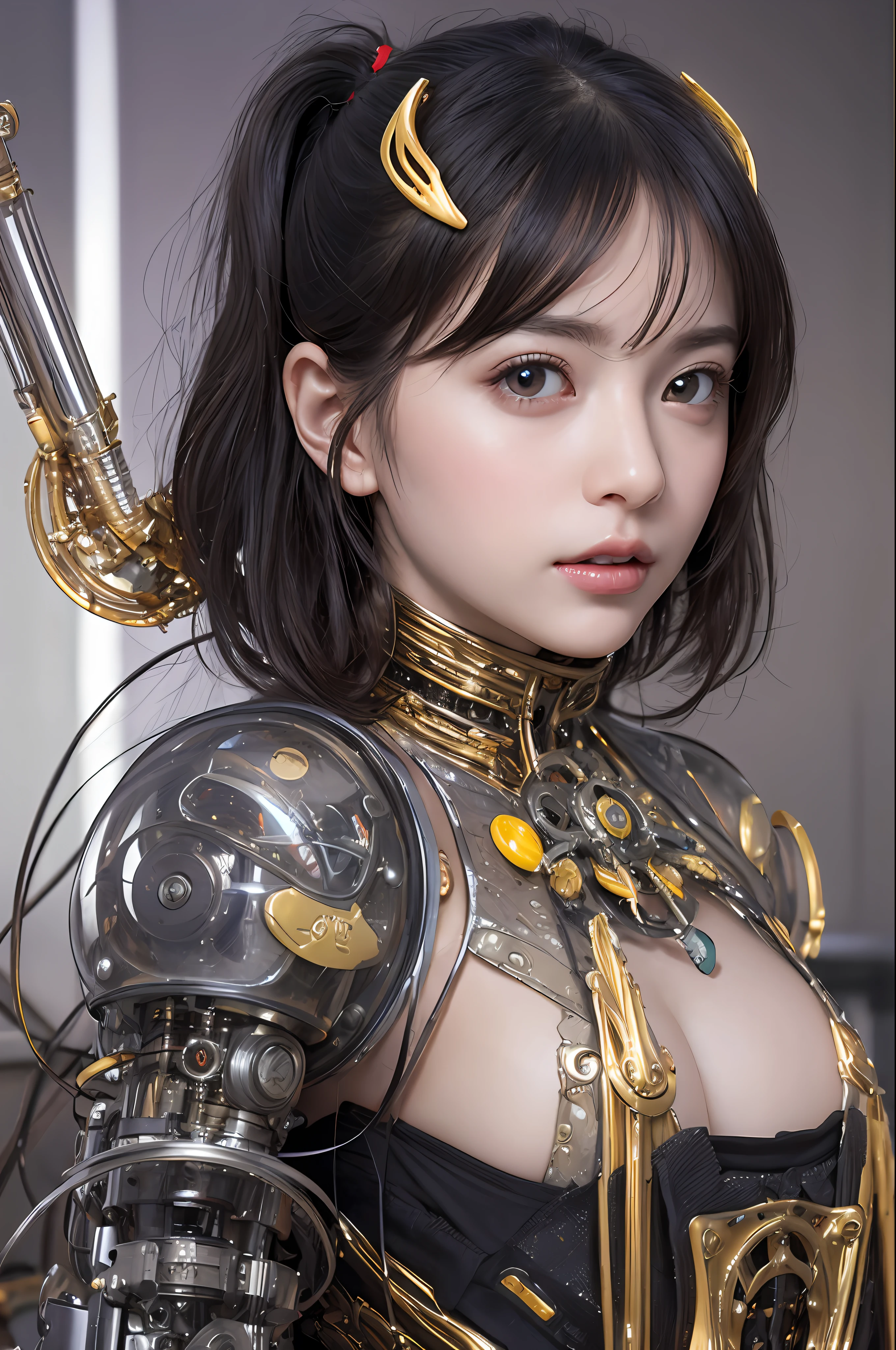 beste-Qualit、​masterpiece、Super-High Resolution、(photorealisitc:1.4)、Raw photo、1人、Black hair、glowy skin、Steampunk Girl、((Ultra Realistic Detail))、portlate、Global Illumination、Shadow、octan render、in 8K、ultrasharp、hugetits、Raw skin is exposed in cleavage、Details of complex ornaments、Gothloli details、Glass Parts、Glass Tube、Glass cover、Luminous tube、Nixie Kan、vacuum tubes、Analog Meter、Golden hydraulic cylinder、highly intricate detail、Realistic light、CGSoation Trends、purple-eyed、radiant eyes、Facing the camera、neon details、Mechanical limbs、blood vessels connected to tubes、Mechanical vertebrae attached to the back、mechanical cervical attaching to neck、sitting on、Wires and cables connecting to the head、Small LED lamp、