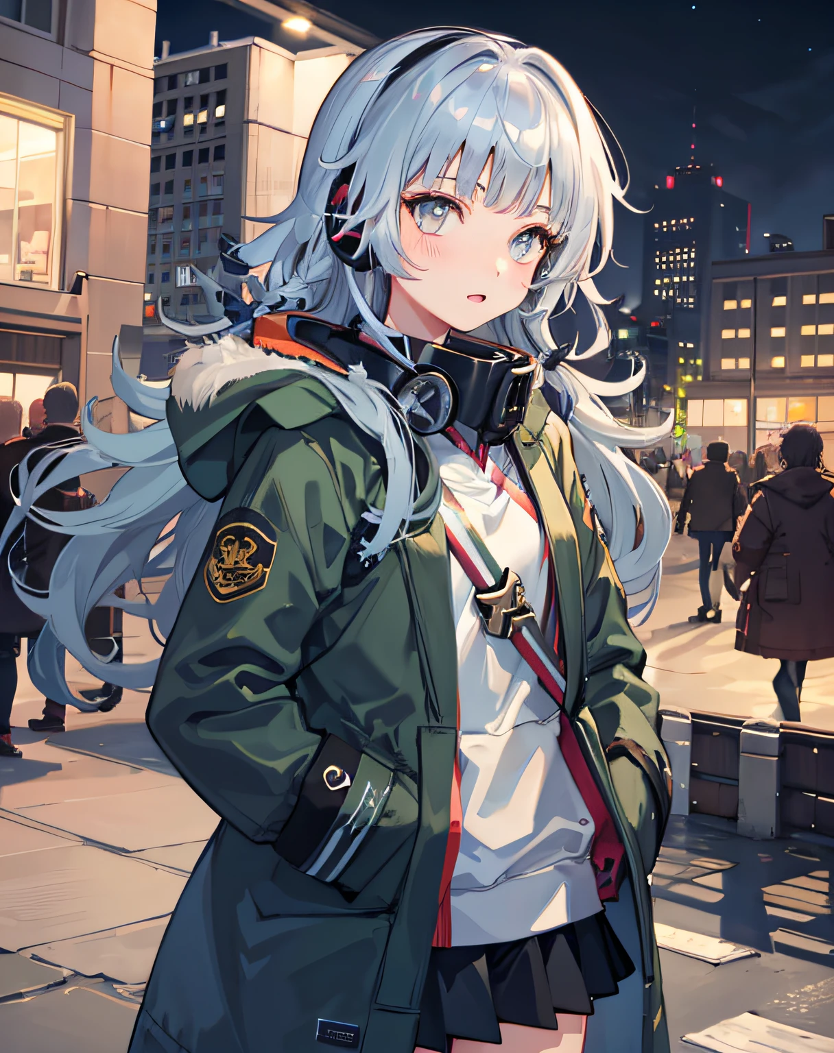 1girl in、boyish、red blush、venetoorigin、plein air、(parka:1.3)、Headphones around the neck、A city scape、、hands on pockets、Light blue hair、