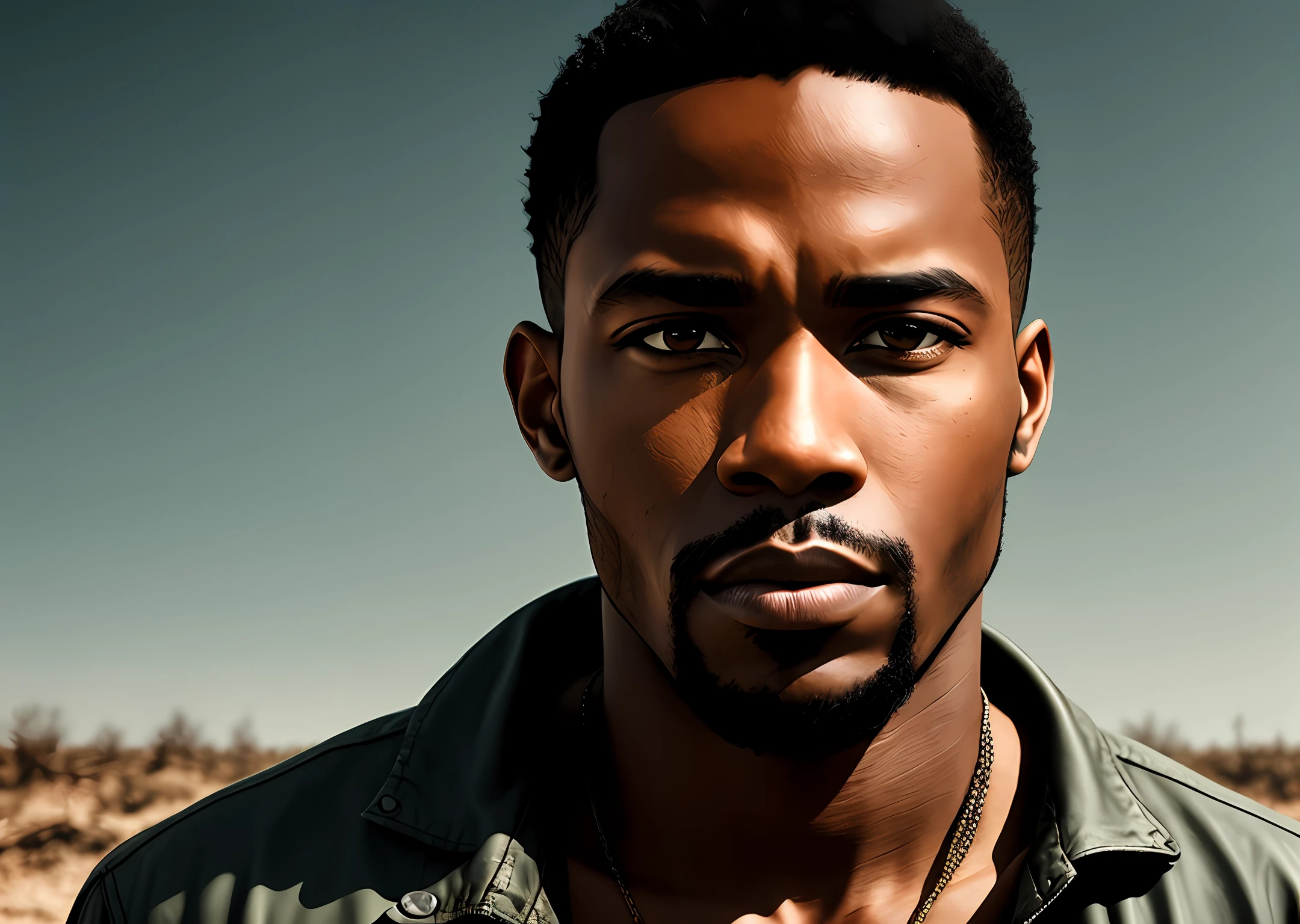 black man, face, background post apocalyptic, hq style, hd, realistic, detailed