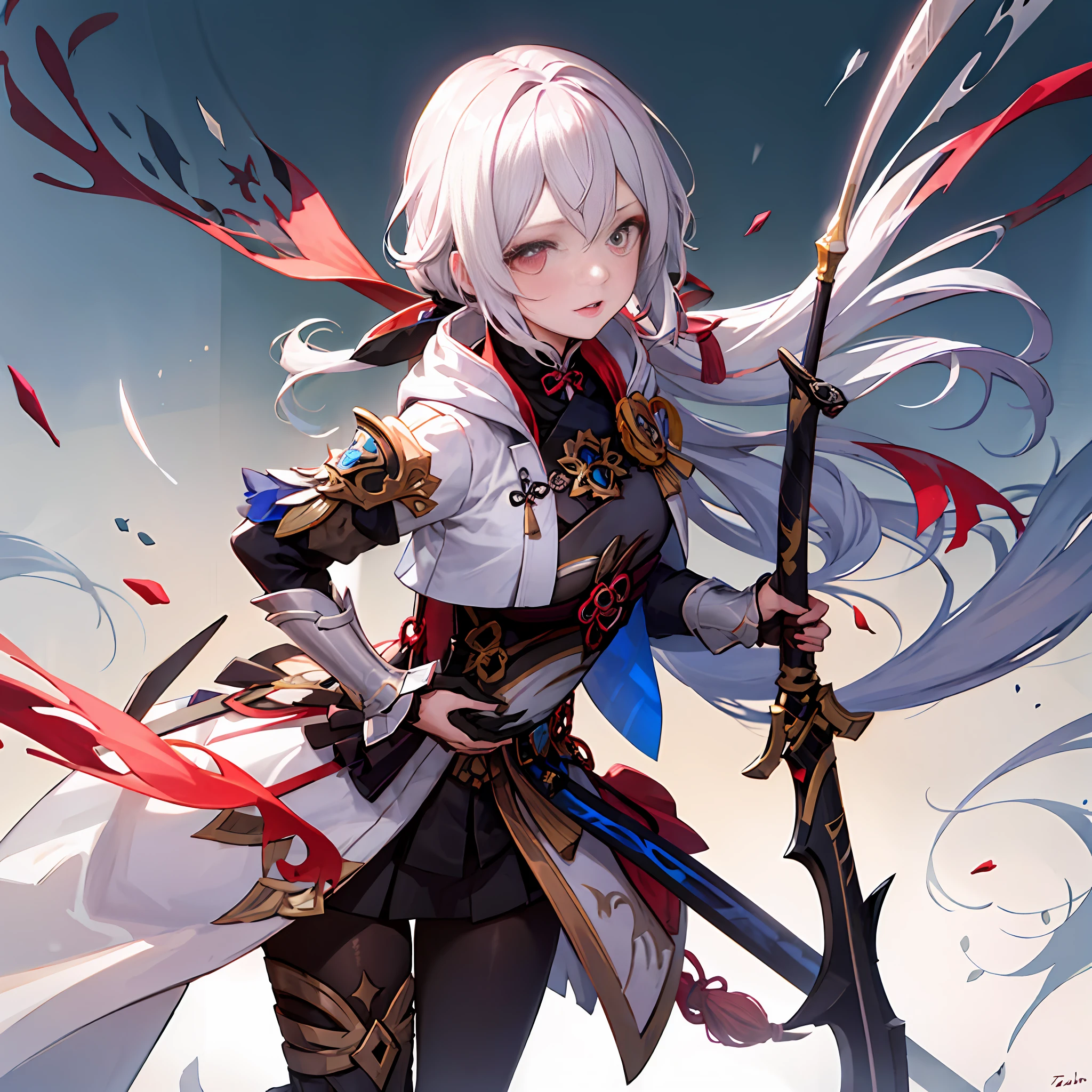 Anime - Cream white hair and sword standing in front of a round window style male, with large sword, full portrait of magical knight, thancred waters in style of wlop, streamlined pink armor, slick pink armor, vi from arcane, 2b, 2 b, zhongli from genshin impact, Keqing from Genshin Impact