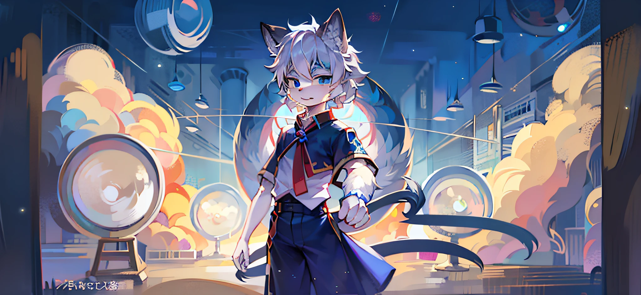 巨作,High quality,abstract res,Digital painting\(The artwork\), eyes with brightness, full room view, Character focus.(detailedbackground:0.7), 独奏, shaggy, Hairy male, malefocus, anthr,(Full Body Furry, Fluffy tail, White fur, Blue eyes, White hair:1.2)