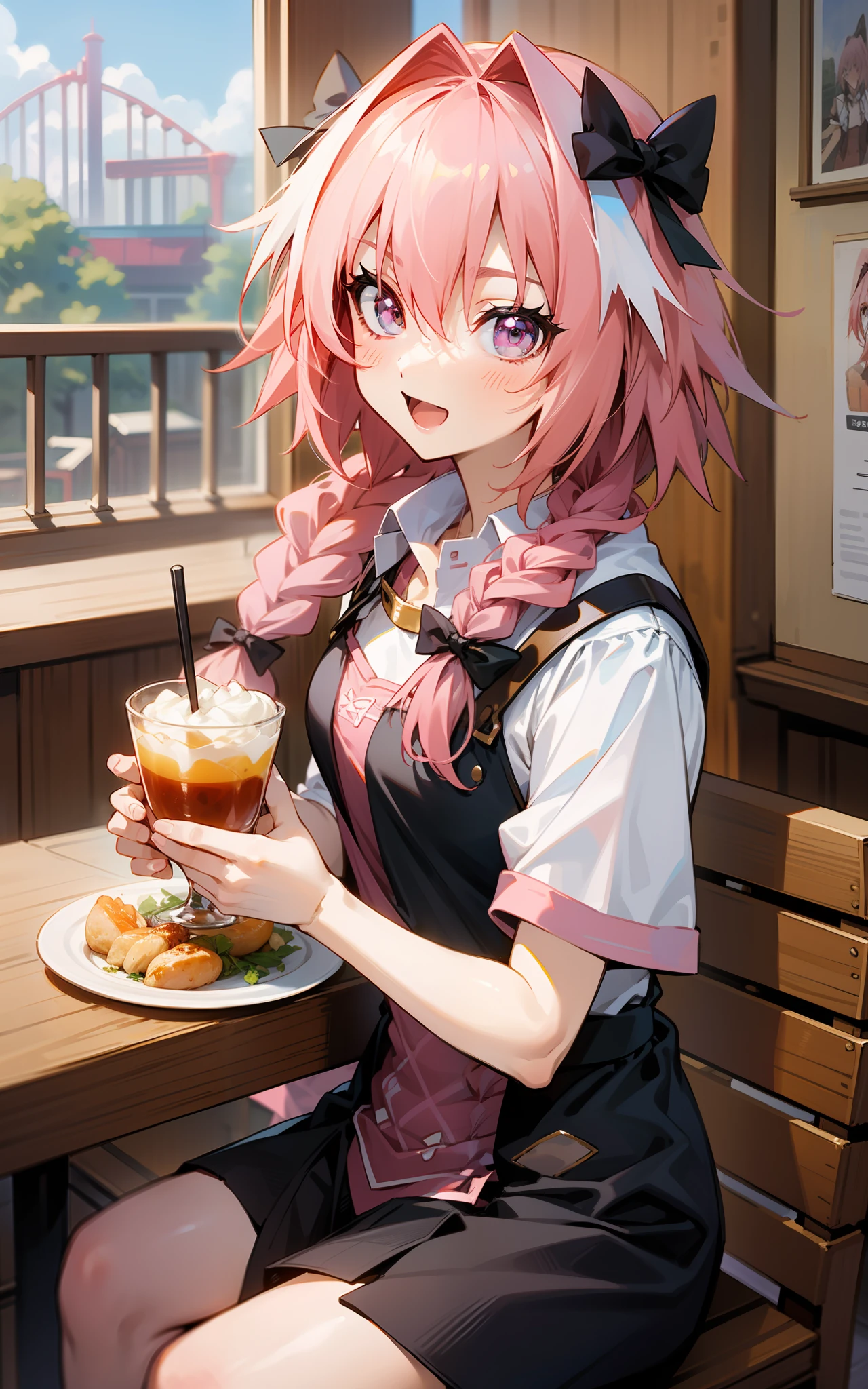 beste-Qualit、hight resolution、detaileds, (astolfo)、Drawn by an anime studio、Dine at a restaurant in a bright amusement park、Long braids、