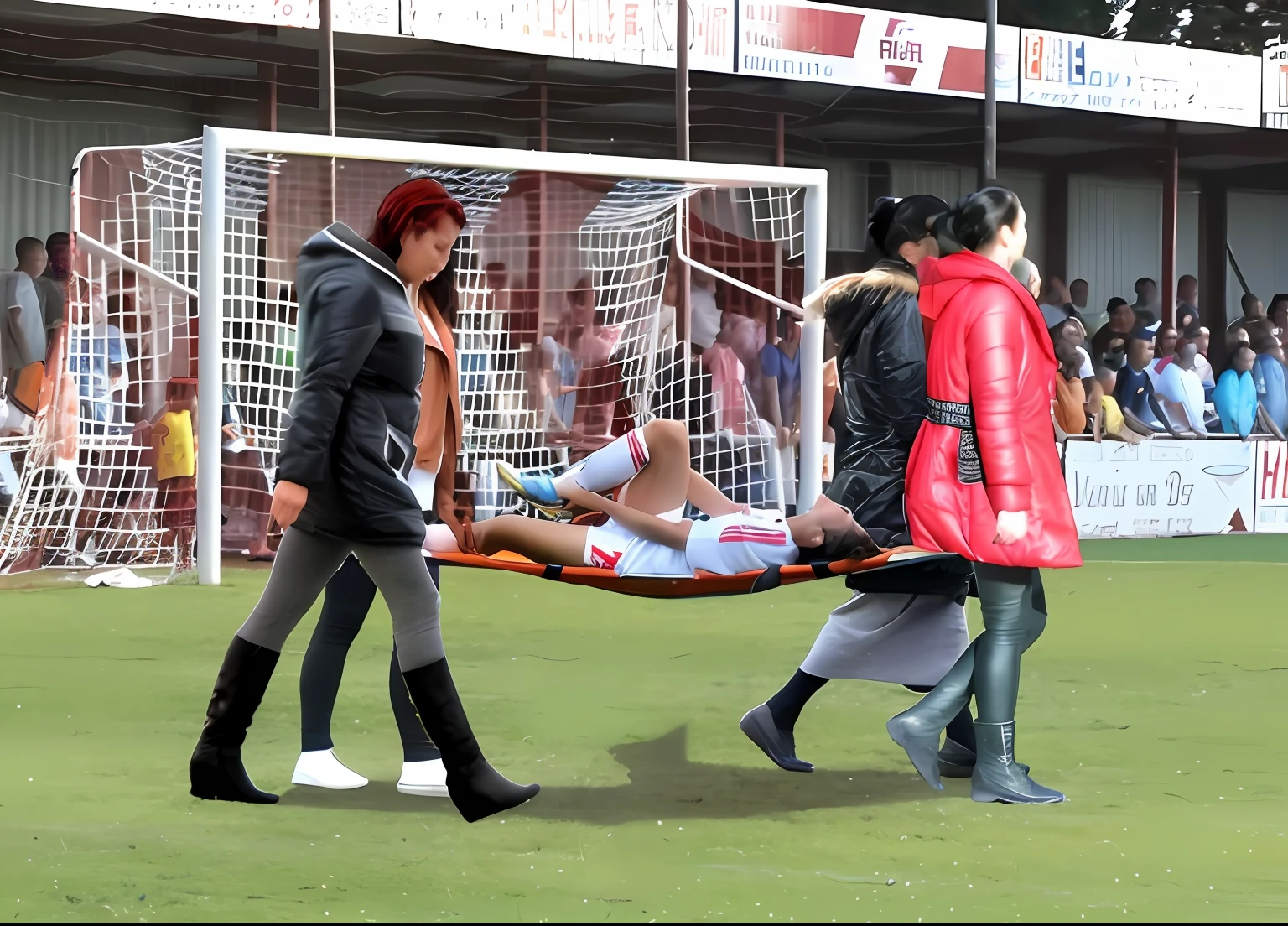 a soccer scene in a chinese sports stadium, rainy weather, wet ground, rainfall, injury scene in a sports stadium, stretcher carry, there are two young schoolgirls in shiny leather-trousers carrying a stretcher, there are two longhaired schoolgirls in high-shine latex-leggings who are carrying a stretcher in a rainy sports stadium, there is a wounded male soccer player in a short sports outfit lying on the stretcher, an injured male soccer player is lying on his back on a stretcher and is grabbing his hurting leg with his hands, a soccer player is rearing up in intense pain while lying on his back on a stretcher and grabbing his injured leg with his hands, dramatic scene, theatralic posing scene, dramatic pity scene, injury soccer, first aid, help, pity, there are two very angry looking schoolgirls in shiny latex-trousers who are looking very sad and very terrified and very shocked, the injured soccer player is screaming out in pain while he is carried from the pitch on a stretcher through the rain