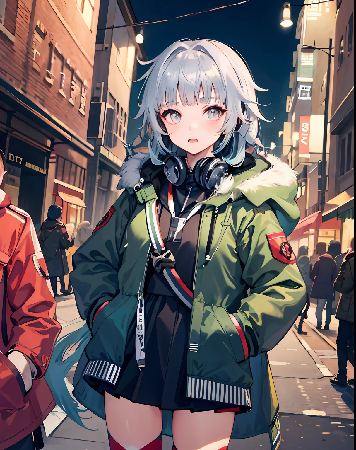 1girl in、boyish、red blush、venetoorigin、plein air、(parka:1.3)、Headphones around the neck、A city scape、、hands on pockets、Light blue hair、