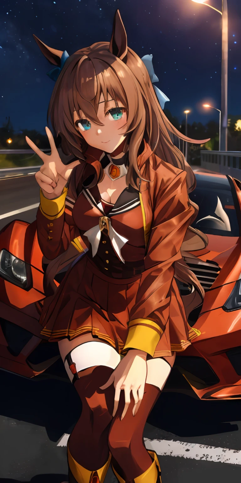 masterpiece, best quality, close up face shot, driving, sports car,
maruzensky \(umamusume\),
red thighhighs, red jacket, pleated skirt, red skirt, long sleeves, choker, red shirt, open jacket, white bow, open clothes, high heel boots
asphalt road,  night sky, neon,