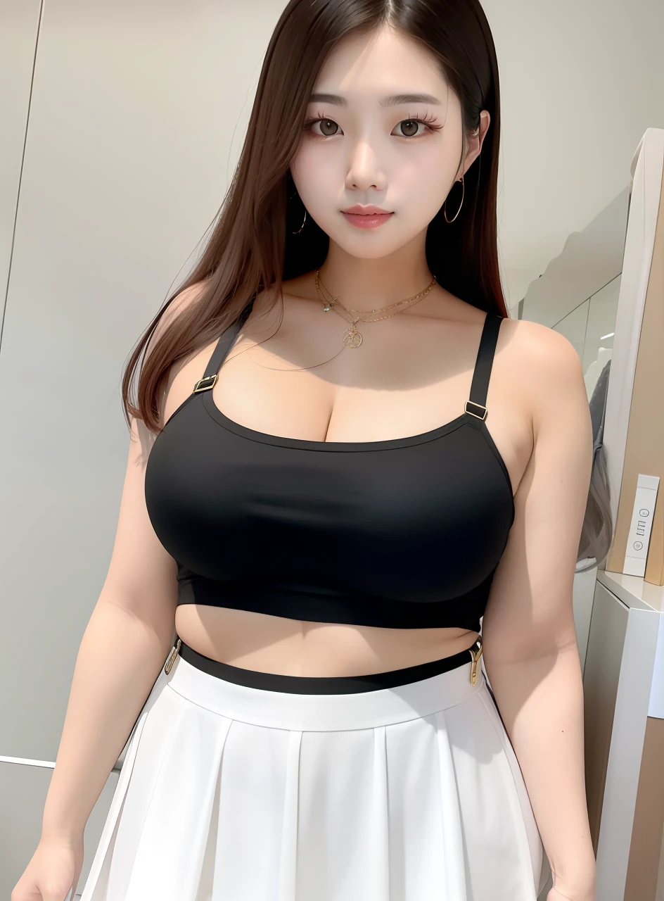 Wear a fandom hip skirt,Korean beauty whose suspenders on both sides slip off to reveal her plump breasts