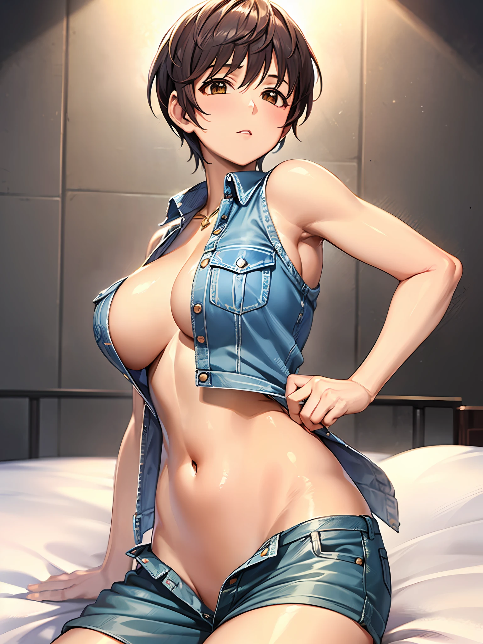 (巨作)), ((Best quality)), (Ultra-detailed), ((kawaii)), kawaii, (Lovely), ((Extremely detailed)), 4K, (8K), Best quality, (Beautiful),(((World-class quality))), Extremely detailed, High resolution, (detailed shaded pretty face), Full body, Adolecente, solo, ((seios gigantescos)), (((Sagging breasts))),((Extra-long hair)),((denim vest，and wear no underwear，Expose navel，Super short skirt)),  oikawa shizuku , armpits, On the bed, From the side Side