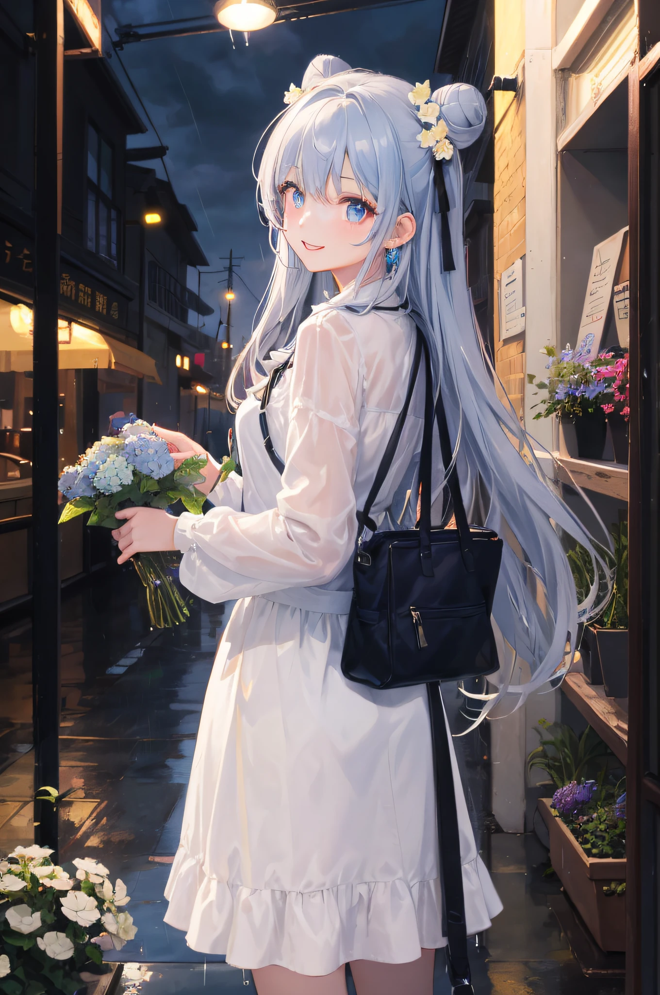 (​masterpiece、high detailled、realisticlying)、Sunset、Rain Garden、1girl in, 独奏, has silver hair:1.4、Bun、Black ribbon hair ornament、pale blue color eyes、A smile、Yellow rain feathers、hortensia、depth of fields、blurry backround、