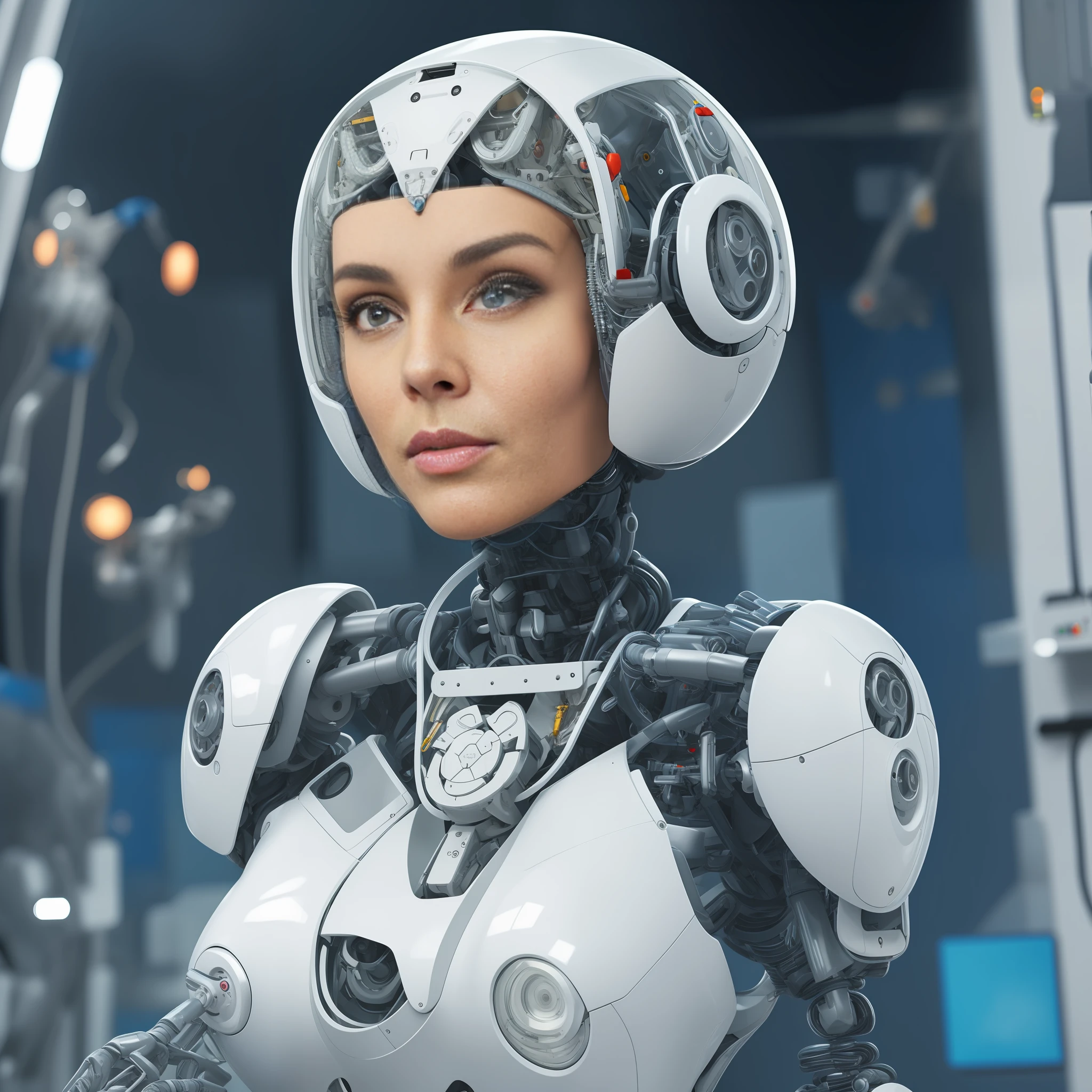 robotical,White coat,Female nipple,with short white hair,Lab Room,Bionic Man