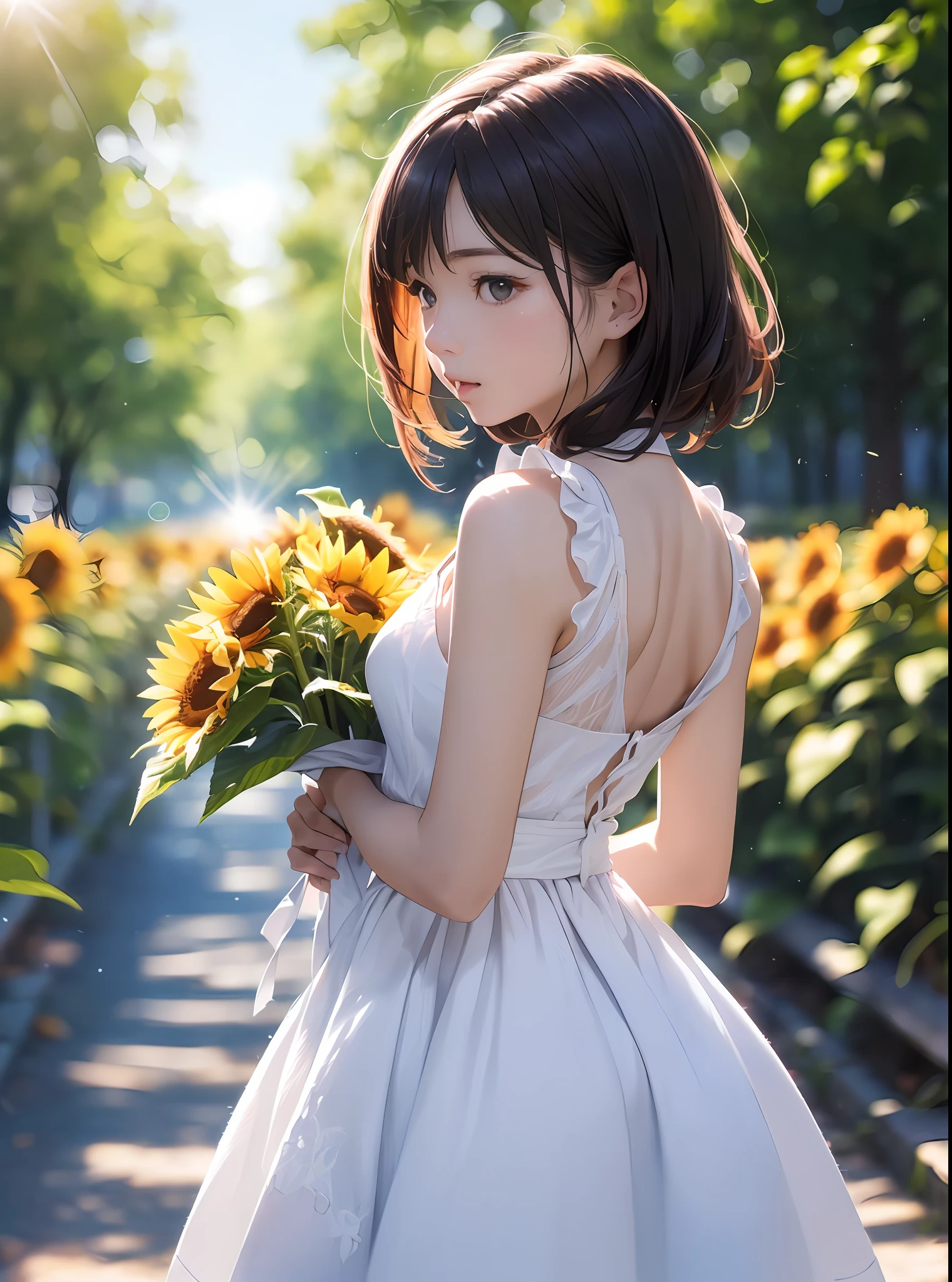 (beste-Qualit、in 8K、32K、masterpiece、kfk:1.3)、(a photorealistic:1.4)、Photo of Pretty Japanese woman, is standing、Sleeveless white summer dress, Sun glare,depth of fields,blurry backround,lensflare,Sunflower background、blue-sky