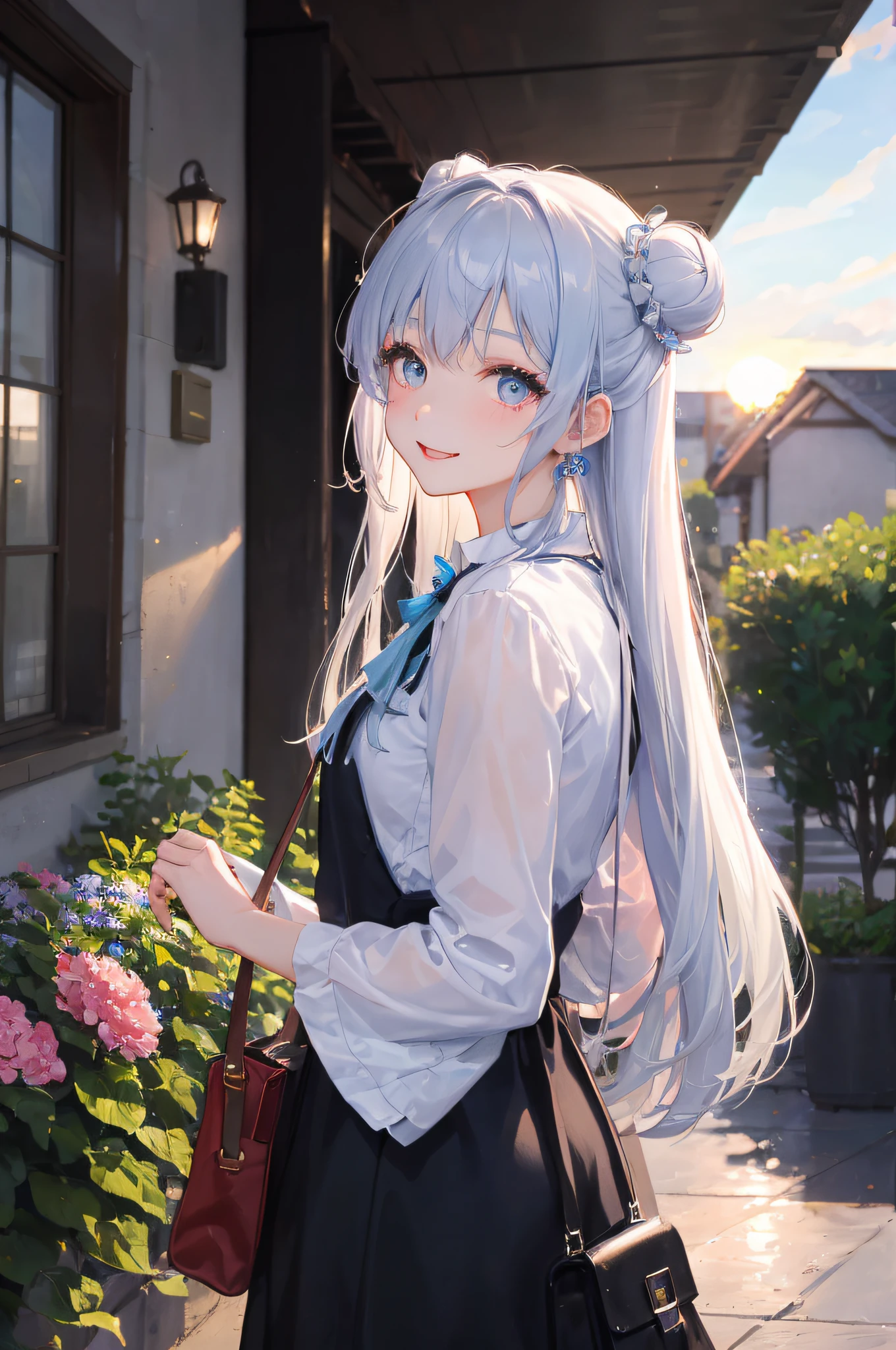 (masterpiece、high detailled、realisticlying)、Sunset、Rain Garden、1girl in, 独奏, has silver hair:1.4、Bun、hair pin、pale blue color eyes、A smile、Yellow rain feathers、hortensia、depth of fields、blurry backround、