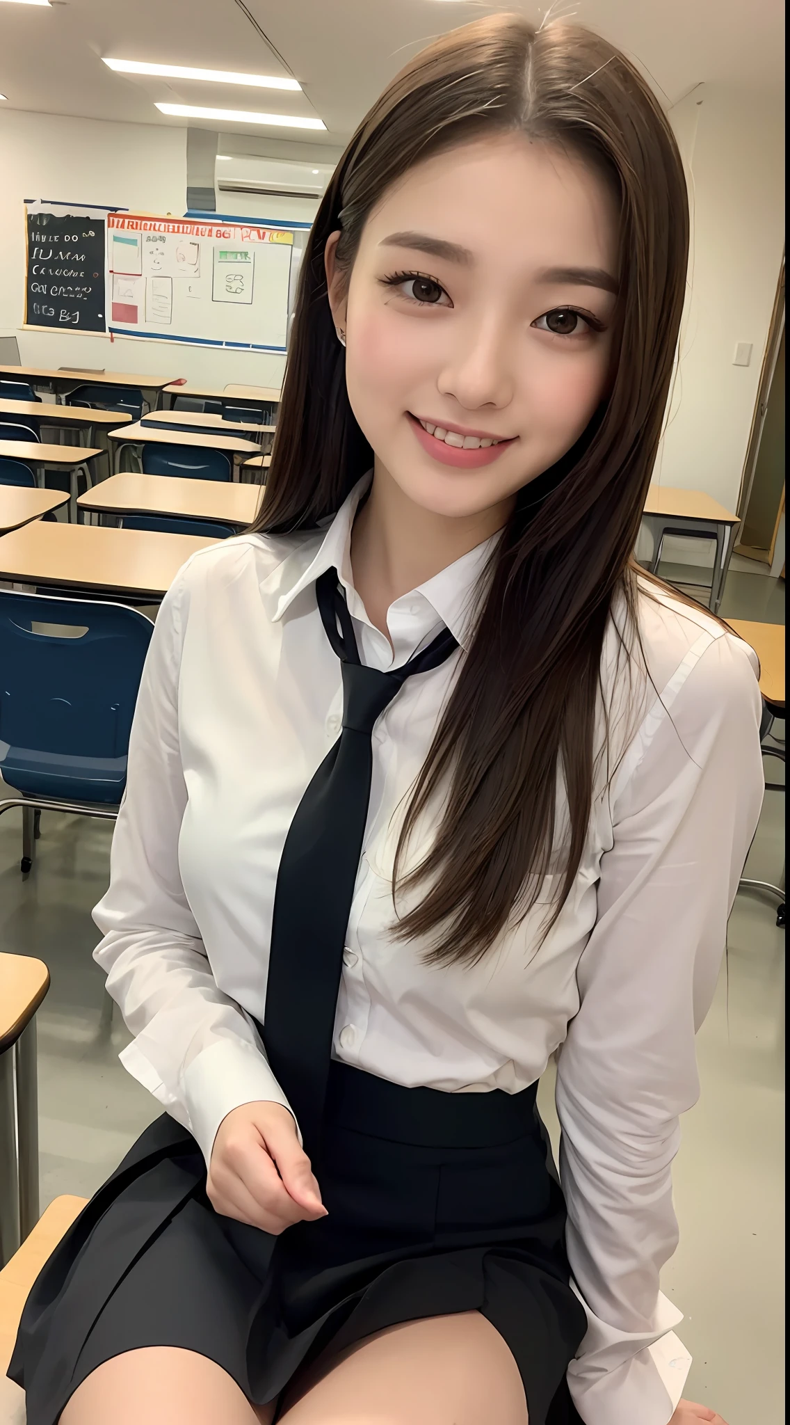 Very detailed 8k wallpaper)、foco nítido、in detail、Drama、Delicate and beautiful schoolgirl、15year old、Sheer white shirt、Quite short skirt、a red skirt、ligh brown hair、hair adornments、Beautiful and sexy、A smile、Peek at the viewer、Beautiful graphics、Bright school building、Full of students、clean legs、