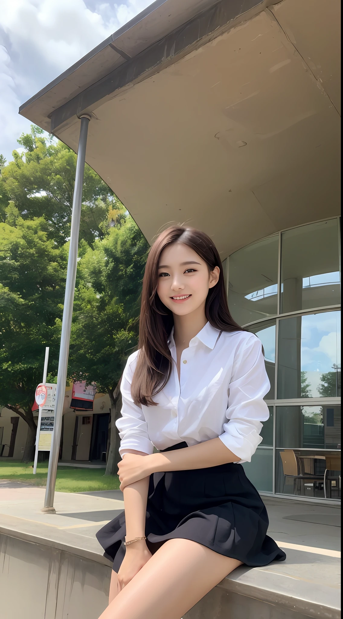 Very detailed 8k wallpaper)、foco nítido、in detail、Drama、Delicate and beautiful schoolgirl、15year old、Sheer white shirt、Quite short skirt、a red skirt、ligh brown hair、hair adornments、Beautiful and sexy、A smile、Peek at the viewer、Beautiful graphics、Bright school building、Full of students、clean legs、