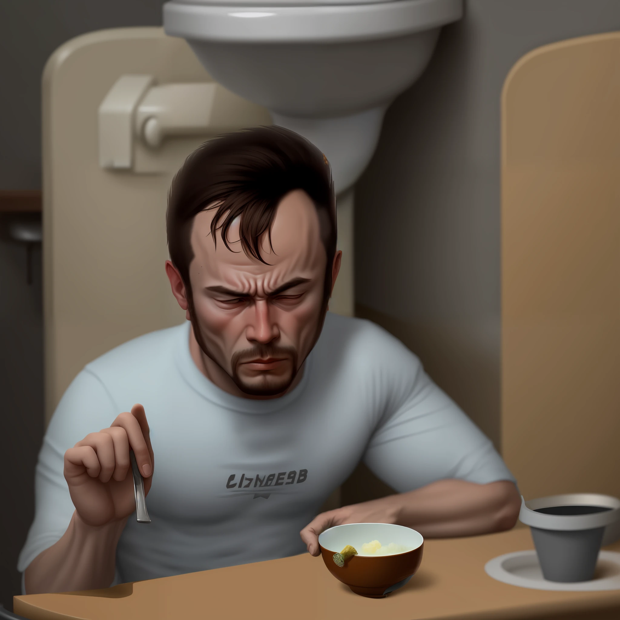 He squatted in the toilet to eat,The bowl contains,The is still steaming