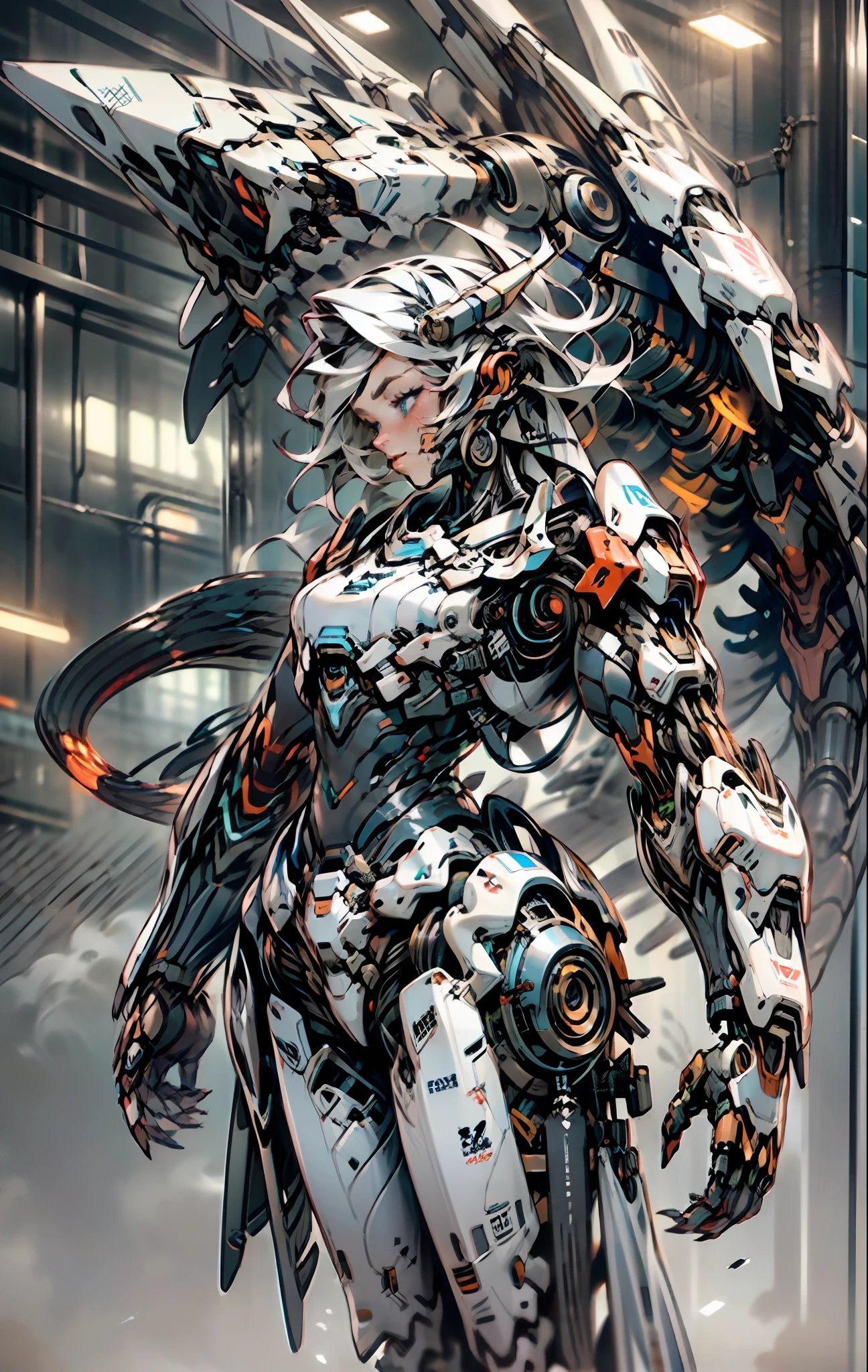 a beautiful woman cyborg warrior in the Style-RustMagic, cyberpunk augmentation, cyberware, cyborg, carbon fiber, chrome, implants, metal skull, cyber plate armor, (dark atmosphere:1.2), (fog & smoke), (dark night:1.3), scars, (dark medium length disheveled hair:1.1), (eyeshadow:1.1), (beautifully detailed glow:1.2), (Cinematic lighting), intricate detail, highres, rounded eyes, detailed facial features, sharp focus, smooth, aesthetic, detailed dark industrial factory background, stylish pose, dynamic pose, (dramapaint), (opt-6000:0.9), masked