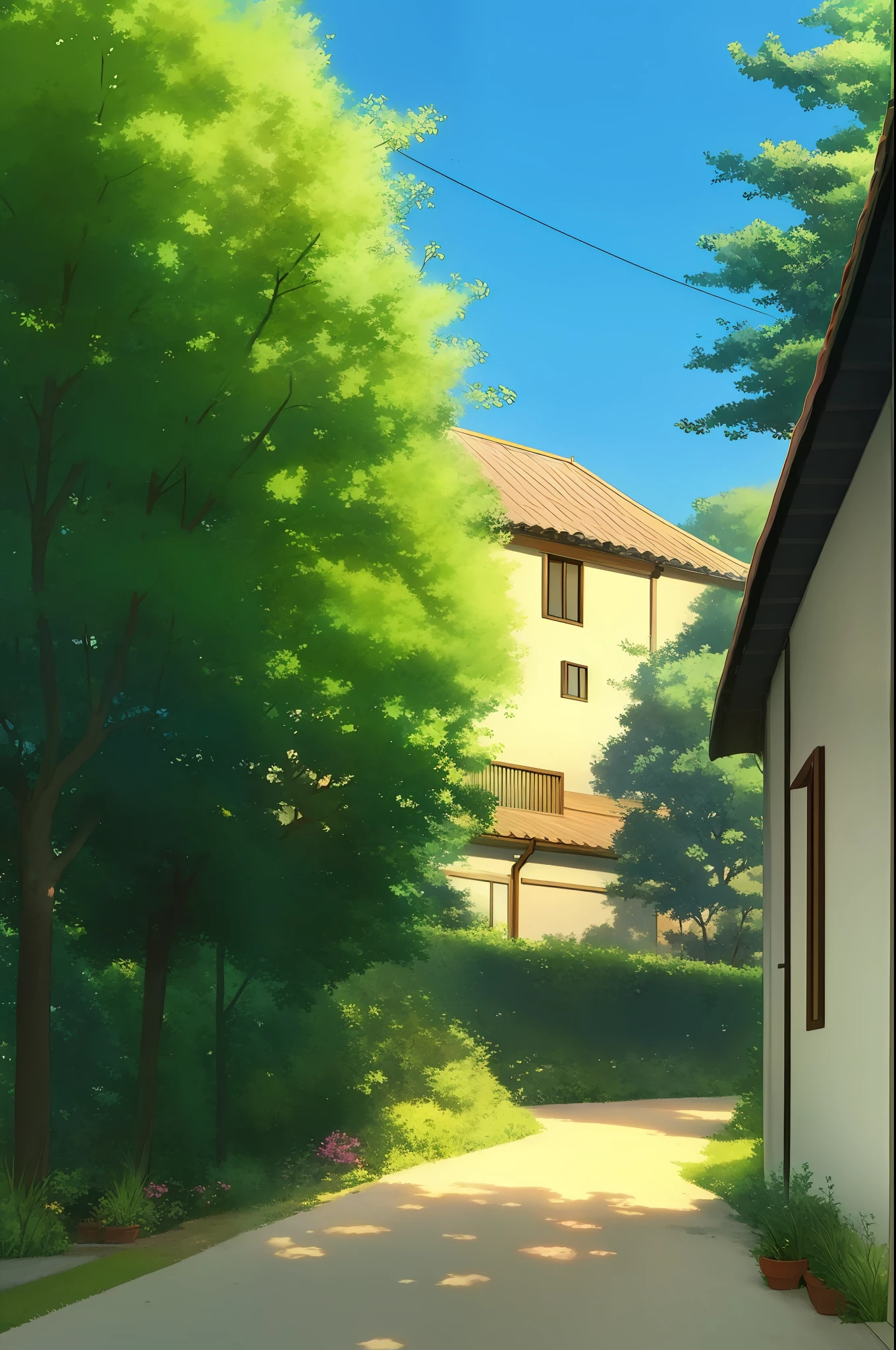 an anime homes , Few trees around , And a blue sky