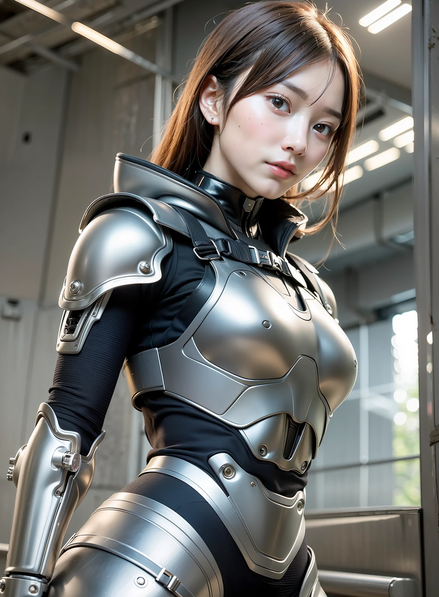 (masterpiece), (beste-Qualit), photorealisim, realisitic, ultra-detailliert, s the perfect face, Perfect body, 1girl in, beautiful a girl, Mechanical Armor, 比基尼、exoskeleton, stands, Cool pose, A sexy, View from below