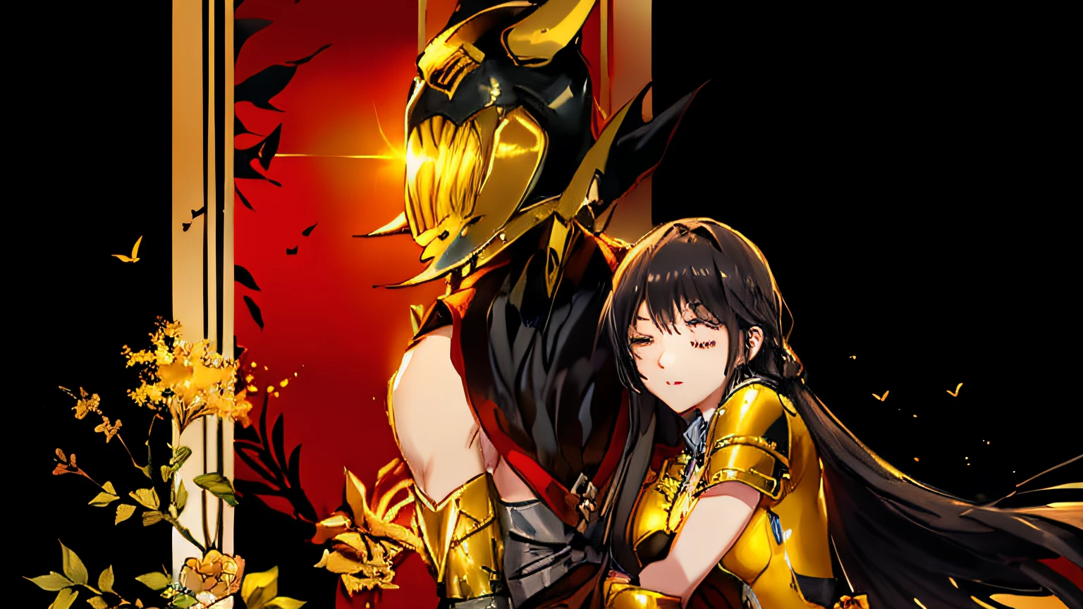 A beautiful black-haired woman in golden armor hugged a man in ancient armor from behind,