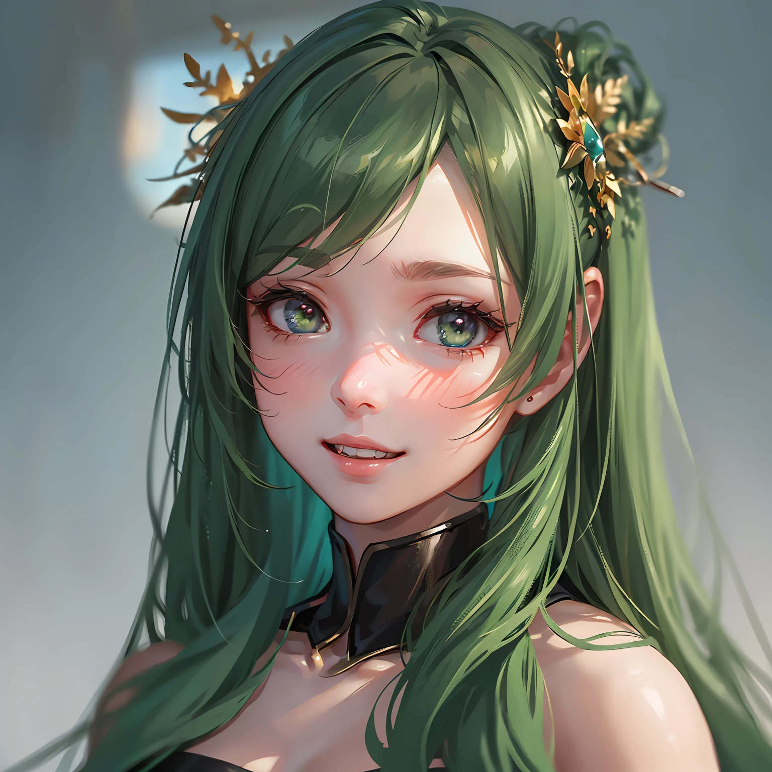A young girl with green hair。Green pupil，Wear a swimsuit，Painted with emerald green nail polish。 --auto