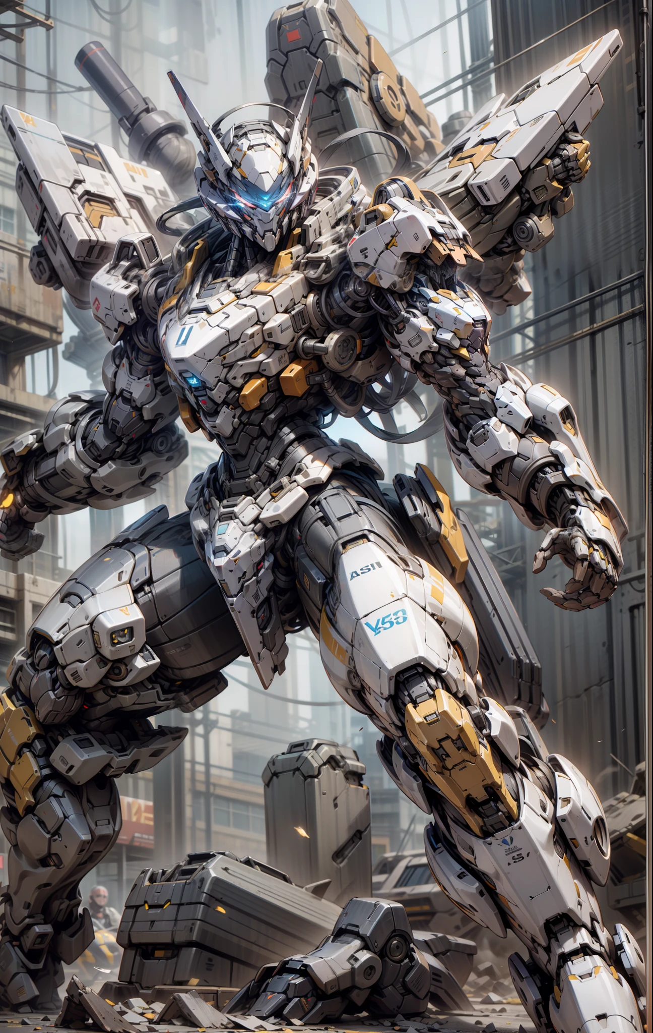 Damaged mecha, blue glowing eyes, tilted position, chest shot, yellow, blue, red, complex mech
Armor, volumetric lighting, rendered in Octane, high detail 5--s 750--niji 5