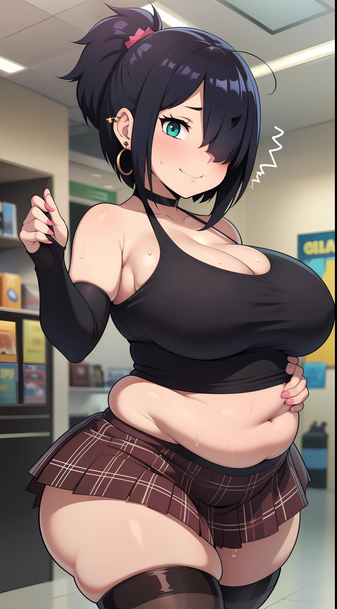 (((kipteitei art))), ((masterpiece)), (((best quality))), ((ultra-detailed)), (((illustration))), (1girl), (solo), ((Line art)), (in the style of cell shaded), (vivid colors), skindentation, short hair, {black hair}, ((hair over one eye)), (Fluffy hair), messy hair, looking at viewer, green eyes, (((blush))), warm smile,, sexually suggestive, nervous, affectionate, cute, goth girl, sweating, out of breath, ear piercing, choker, ((black crop top)), plaid skirt, (short skirt), thigh highs, black arm warmers, medium breasts, cleavage, (((wide hips))), (((((thick thighs))))), (fat ass), (pudgy belly), belly rolls, (((belly grab))), navel, dynamic pose, standing, angled facing, facing to the side, in public, she is turned on by her belly, department store, clothing isle,