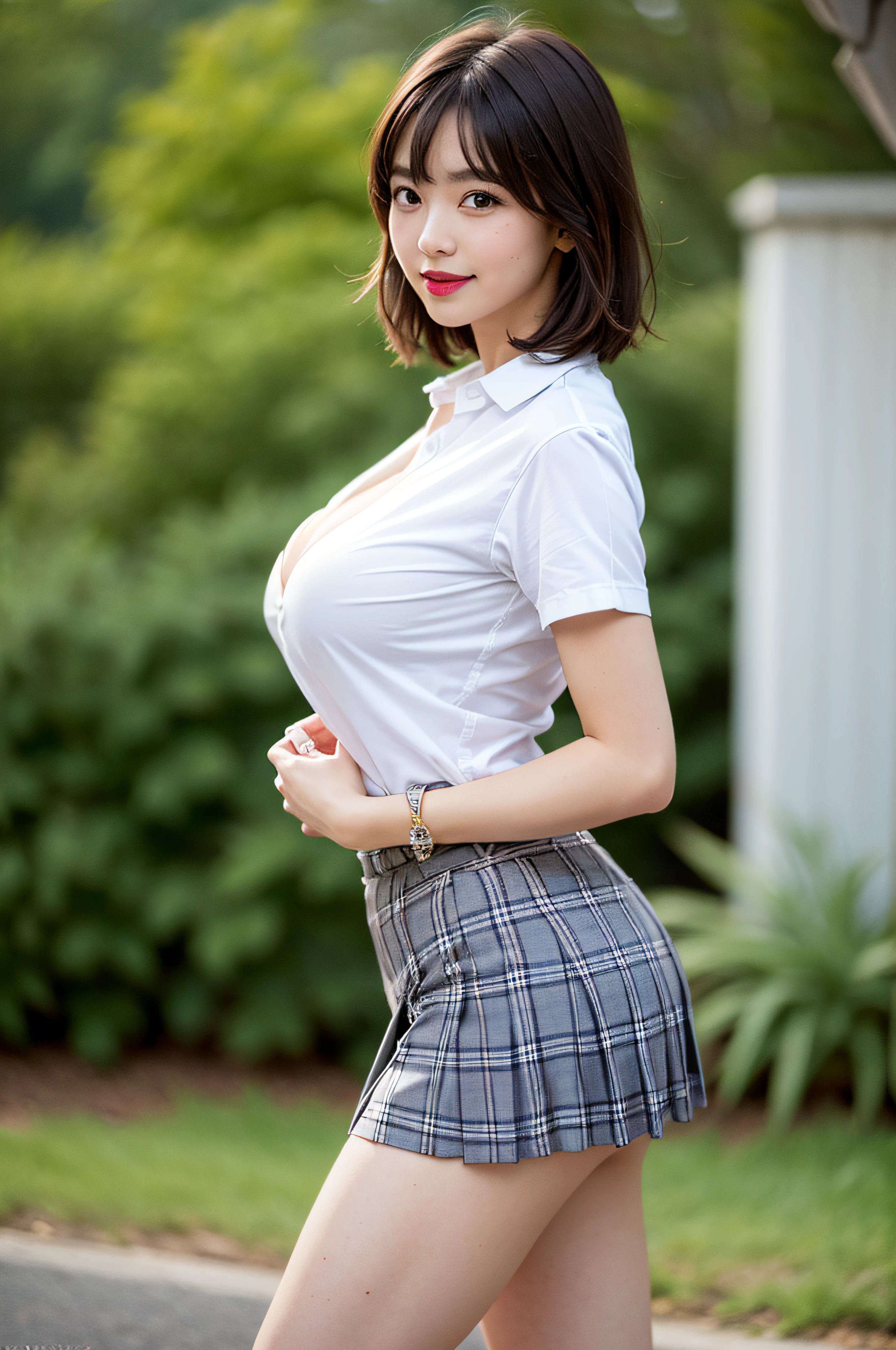 nsfw, 8K raw photo, Best quality, masterpiece, ultra high res, film grain, filmg, 1girl, looking at viewer, natural skin texture, realistic eye and face details, full lips, lipstick, (makeup), red eyeshadow, fluffy short hair, messy hair, smile, close mouth, beautiful legs, tall female, skinny, slim_legs, solo, enormous breast, cleavage, Pose with buttocks facing you, ultra short skirt, ass, shirt, beautiful nature location, around flower location, (detailed background), plaid skirt, white shirt, enormous breast, cleavage, Show a little cleavage through the shirt, loafers, blurry background, blurry, holding, plaid, short sleeves, jk ribbon on the neck, jk ribbon, brown hair, bracelet, water, bangs, school uniform, jewelry, parted lips, lips, from side, pleated skirt, depth of field