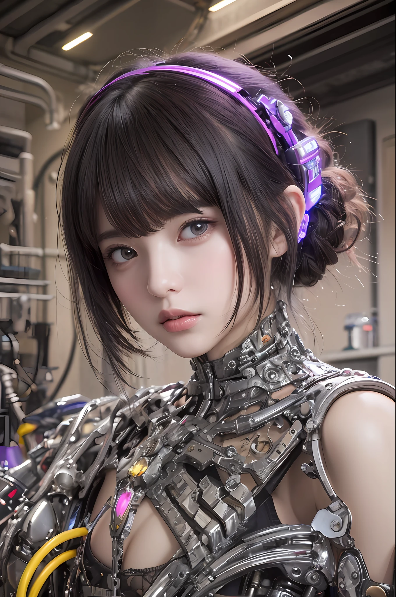 beste-Qualit、masterpiece、Super-High Resolution、(photorealisitc:1.4)、Raw photo、1人、Black hair、glowy skin、Cyberpunk Girl、((Ultra Realistic Detail))、portlate、Global Illumination、Shadow、octan render、in 8K、ultrasharp、hugetits、Raw skin is exposed in cleavage、Details of complex ornaments、Gothloli details、Glass Parts、Glass Tube、Glass cover、Luminous tube、Nixie Kan、vacuum tubes、Analog Meter、highly intricate detail、Realistic light、CGSoation Trends、purple-eyed、radiant eyes、Facing the camera、neon details、Mechanical limbs、blood vessels connected to tubes、Mechanical vertebrae attached to the back、mechanical cervical attaching to neck、sitting on、Wires and cables connecting to the head、Small LED lamp、