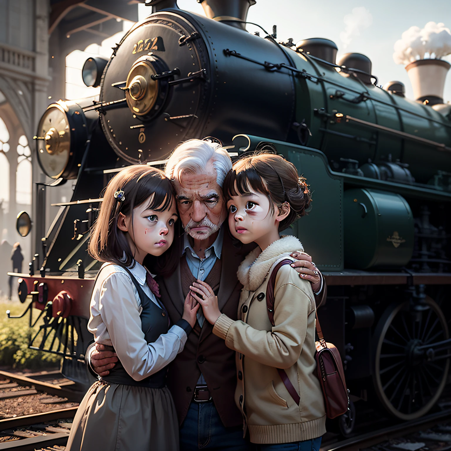 A heartwrenching family farewell at an old train station, with tears streaming down the faces of parents, children, and grandparents, as they bid goodbye to a loved one embarking on a journey, surrounded by vintage suitcases, steam rising from the locomotive, and the sound of a distant train whistle, conveying the mixture of sadness, hope, and the power of familial bonds, Illustration, digital art, --ar 16:9 --v 5 --auto