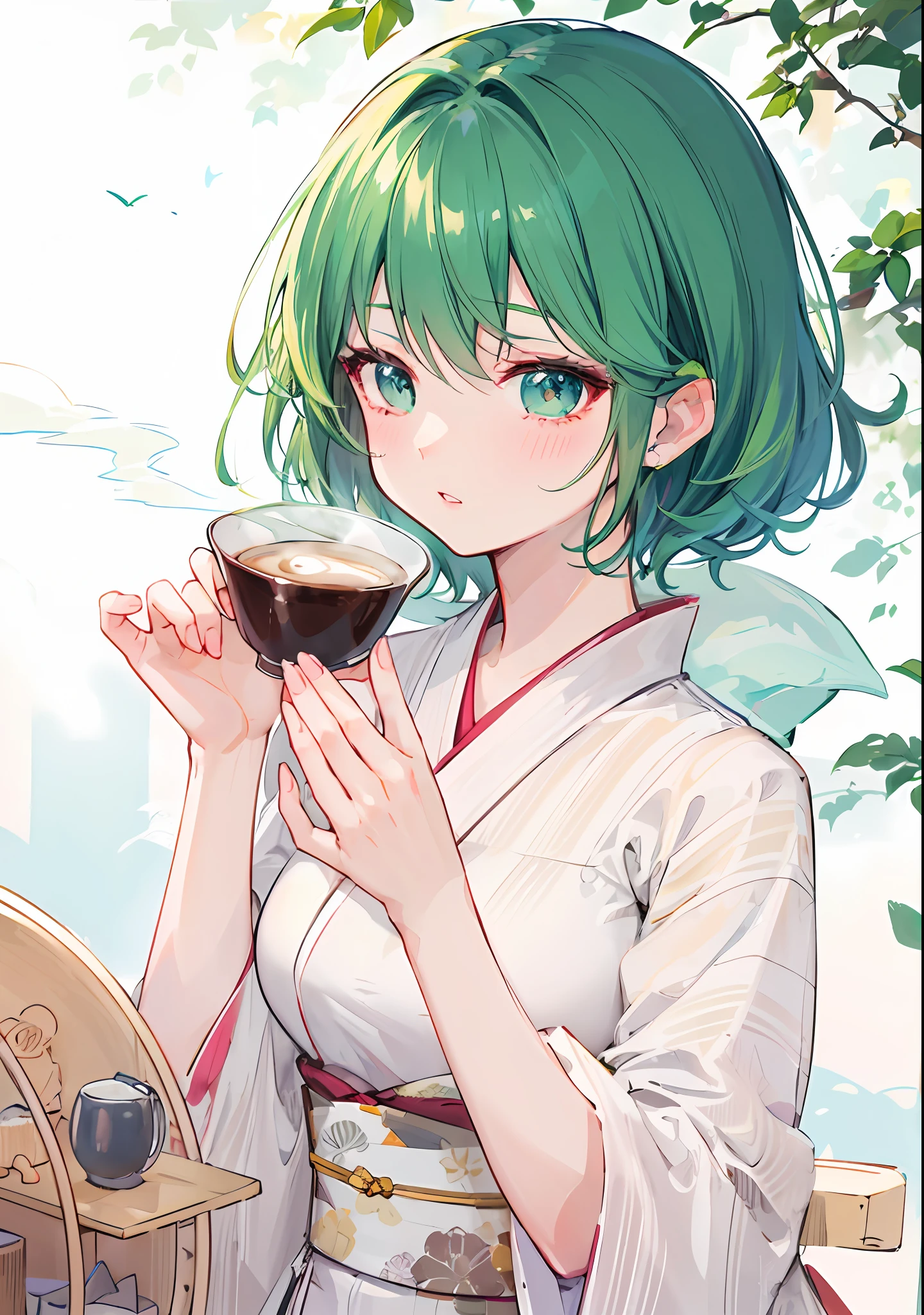green hair color, high quality,  cinematic lighting, anime girl, short hair, bangs, parted lips, blush, outdoor, park, coffee, medium breast, kimono outfit