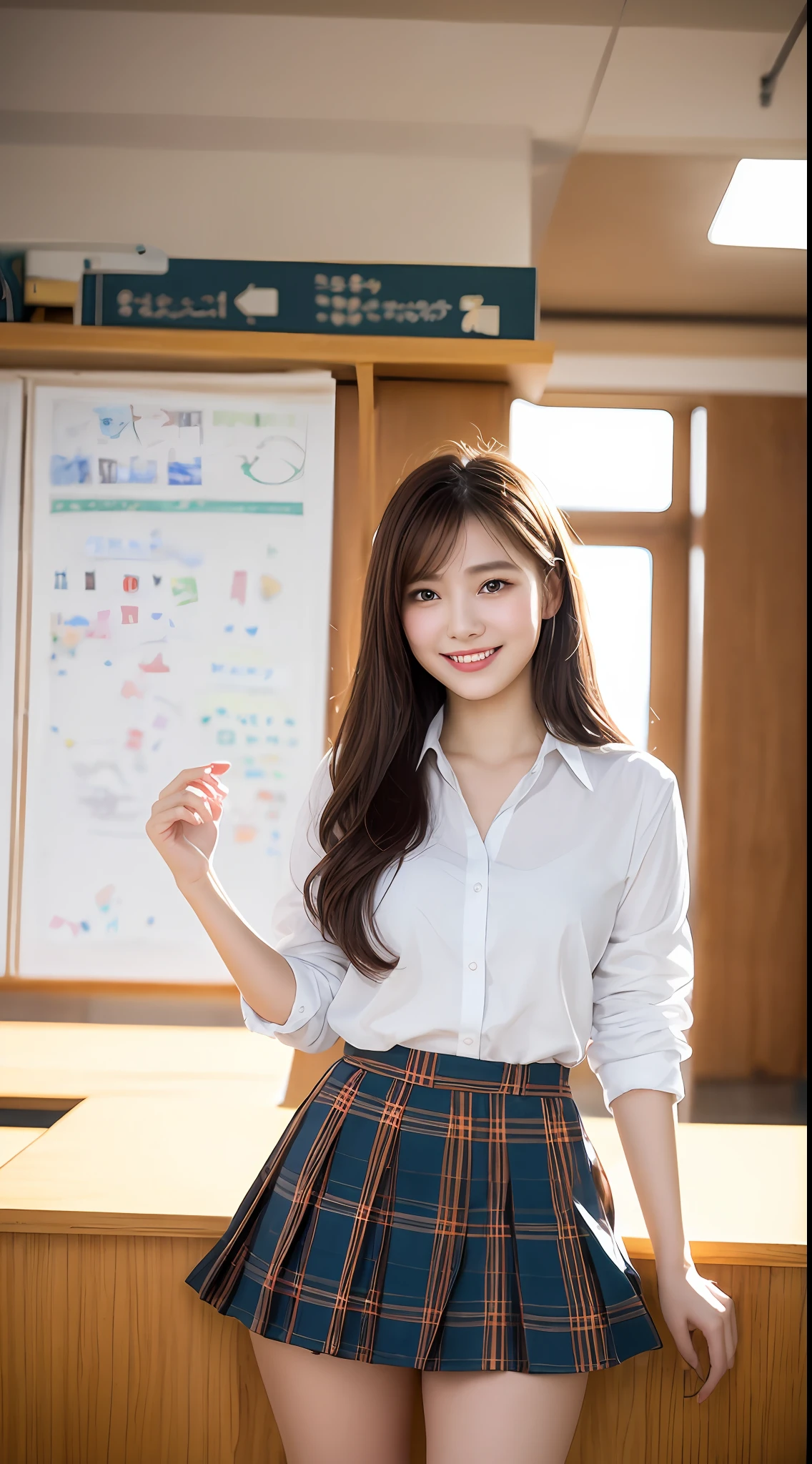 Very detailed 8k wallpaper)、foco nítido、in detail、Drama、Delicate and beautiful schoolgirl、 old、Sheer white shirt、Red short skirt、ligh brown hair、hair adornments、Beautiful and sexy、A smile、Peek at the viewer、Beautiful graphics、Bright school building、Full of students、clean legs、