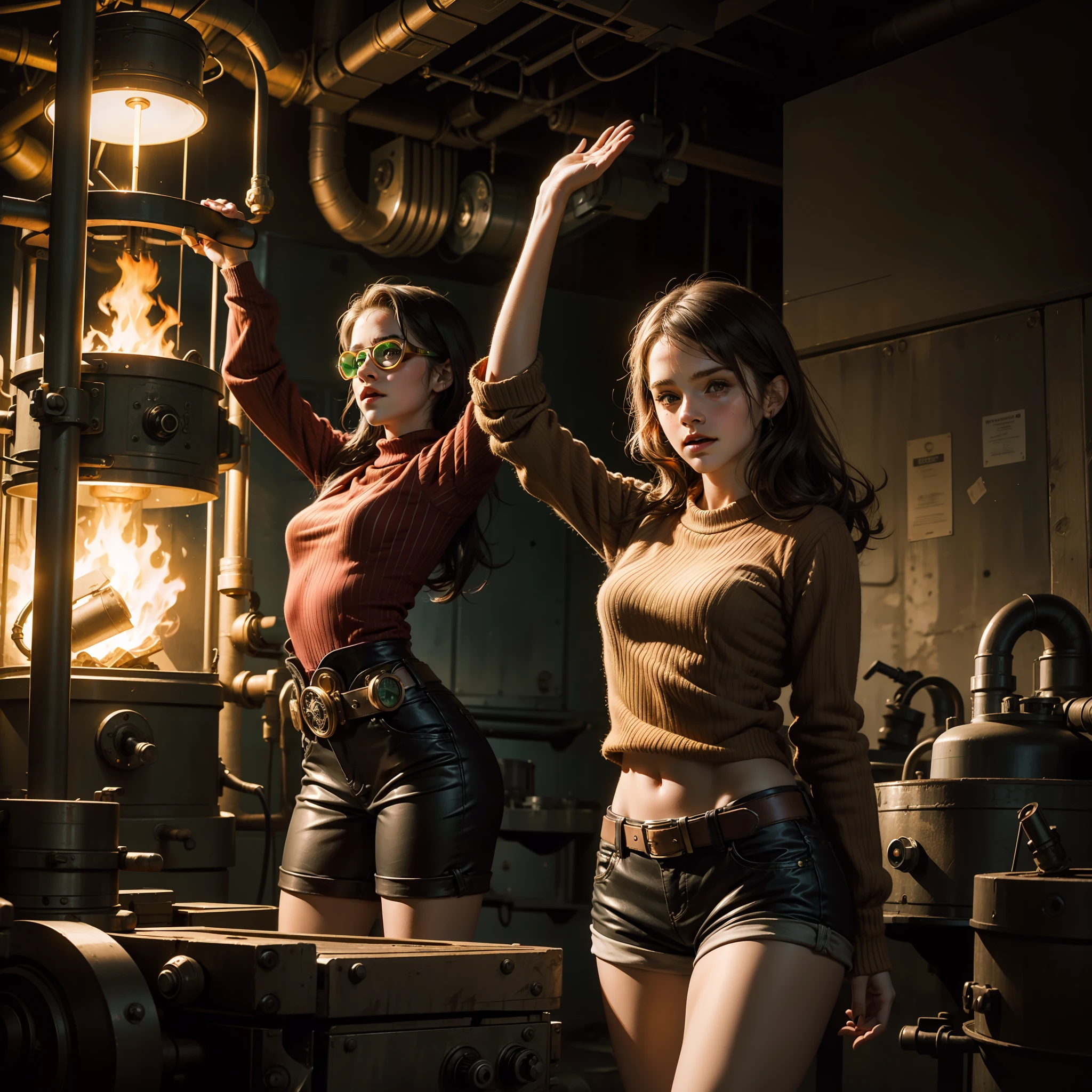 emma watson as a sexy steampunk girl on a fence. tight intricate crop sweater with red and green stripes. brown shorts. slender body. inside dark metal factory. dark background, furnace. goggles. arms raised.