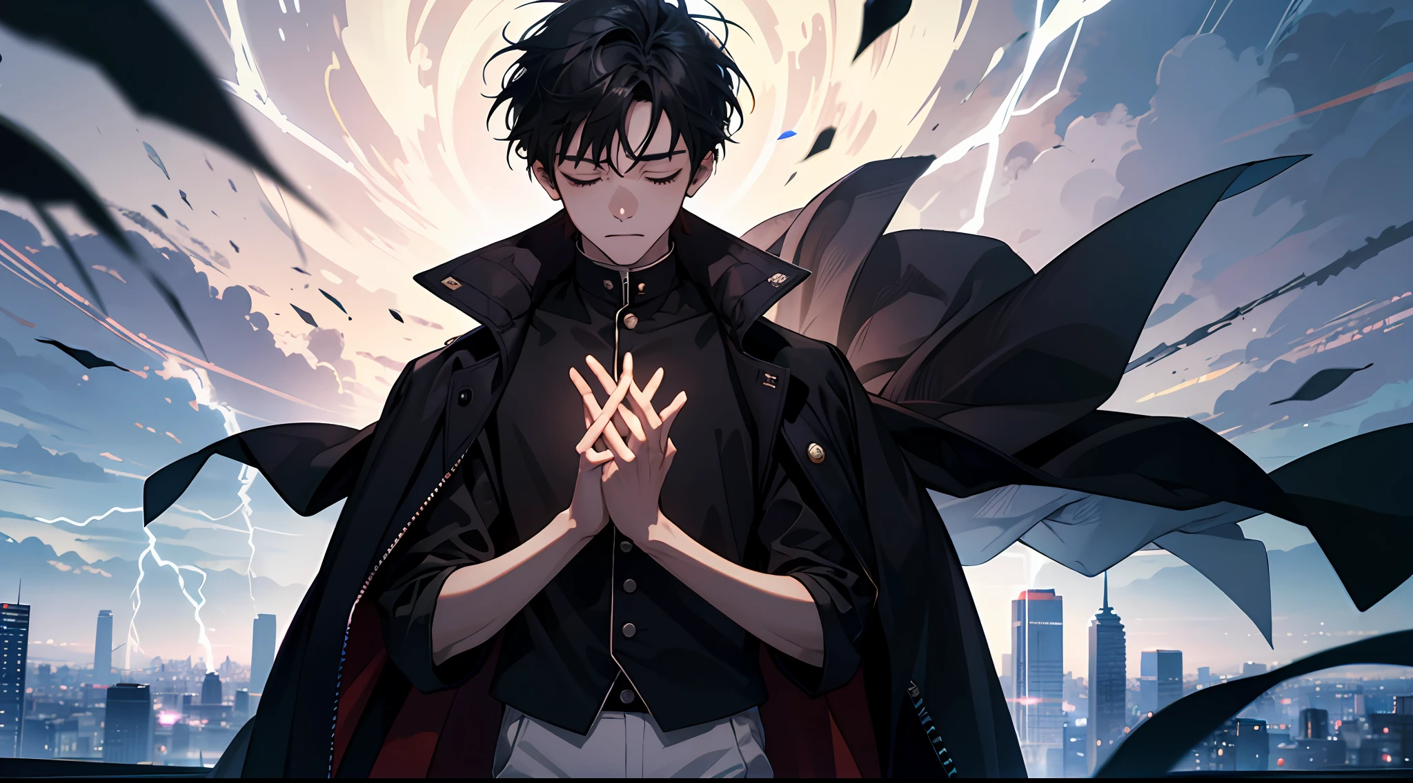(Absurd, High Resolution), 16k, (Panorama), Little Boy, Teenager, Closed Eyes, Open Hands, Short Hair, Black Hair, Black Coat, White Underwear, Extreme Detail, Lightning, Magic, Magic Array, Exaggerated Light, Shine, Magic, Floating, Dusk