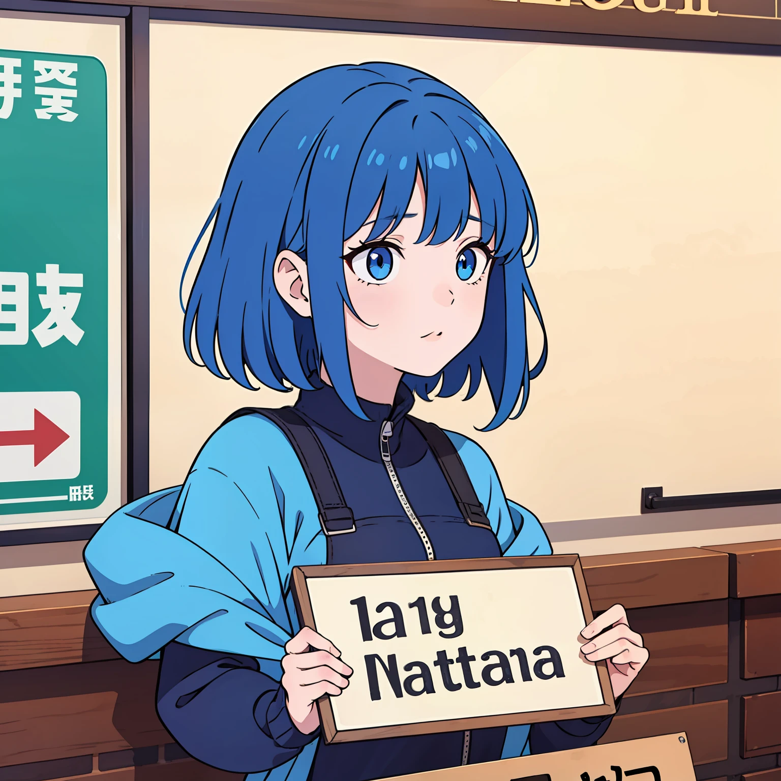 Masterpiece, 1girl, solo, signboard with "Nayutana", short hair, blue hair