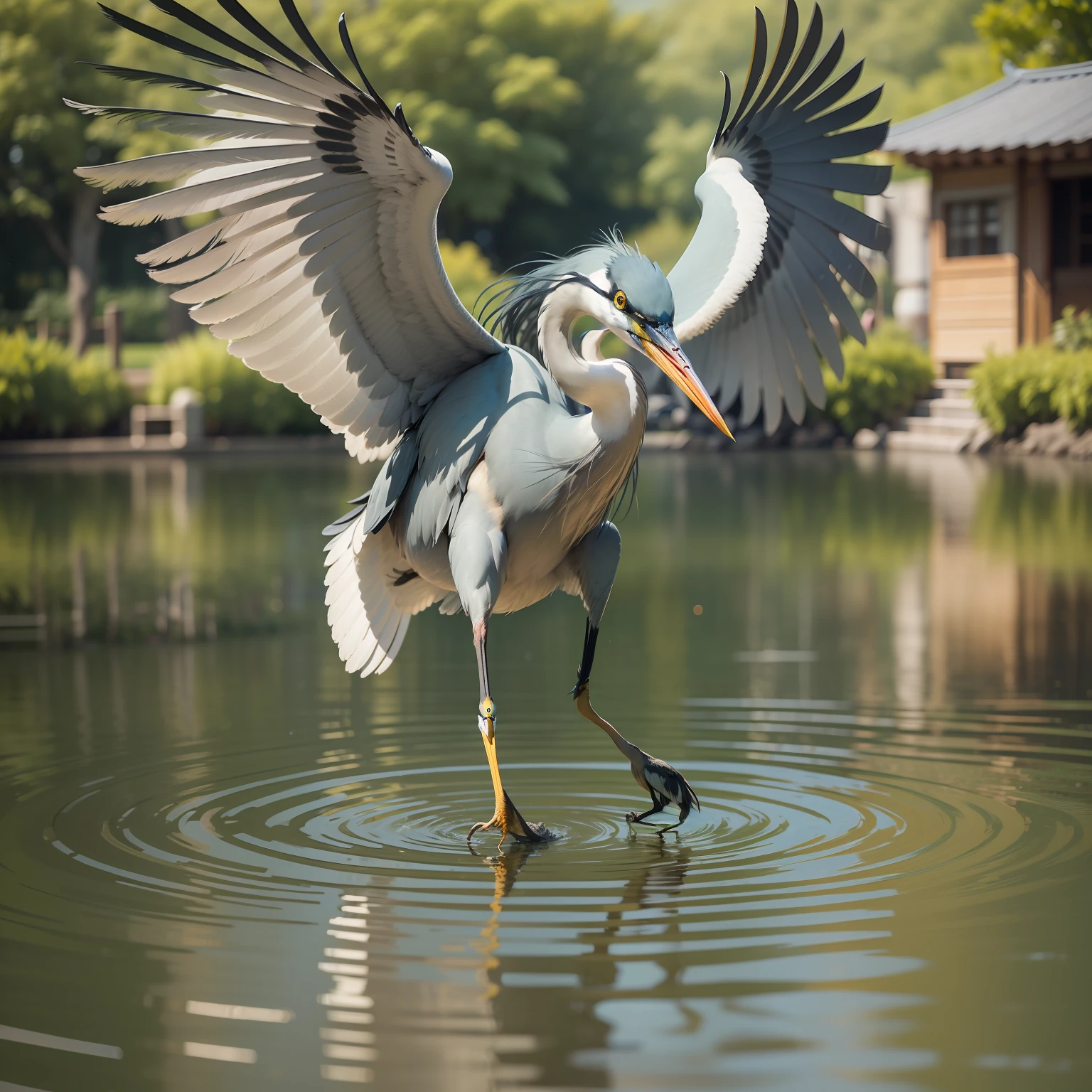 Middle-aged man transformed into a heron。It depicts partial changes in which parts of the body change into the characteristics of herons.。 Heron feathers blue、That expression is mischievous。 The work is depicted against the backdrop of a calm lake。 Middle-aged men's clothing does not exist、Highlights the complete transformation into a heron。 The camera used is a high-resolution DSLR、Capture the intricate details of change。 This composition focuses on the face of a middle-aged man and the features of a heron.、Creating a visually striking juxtaposition。 Due to the slightly elevated perspective、See change from a unique perspective。 Lighting is soft and diffused、Highlights details of heron feathers and male faces。 Shallow depth of field、There is a clear focus on herons and males.、The background is slightly blurry。 Fast shutter speed、The heron's playful expression freezes。 The quality of the photos is very high、Captures vibrant colors and complex texture transitions。 In the final image scene、Middle-aged man undergoes an amazing transformation into a majestic heron、In the tranquil beauty of the lake the essence of his playfulness is captured。 --style raw --without camera --v 5.1