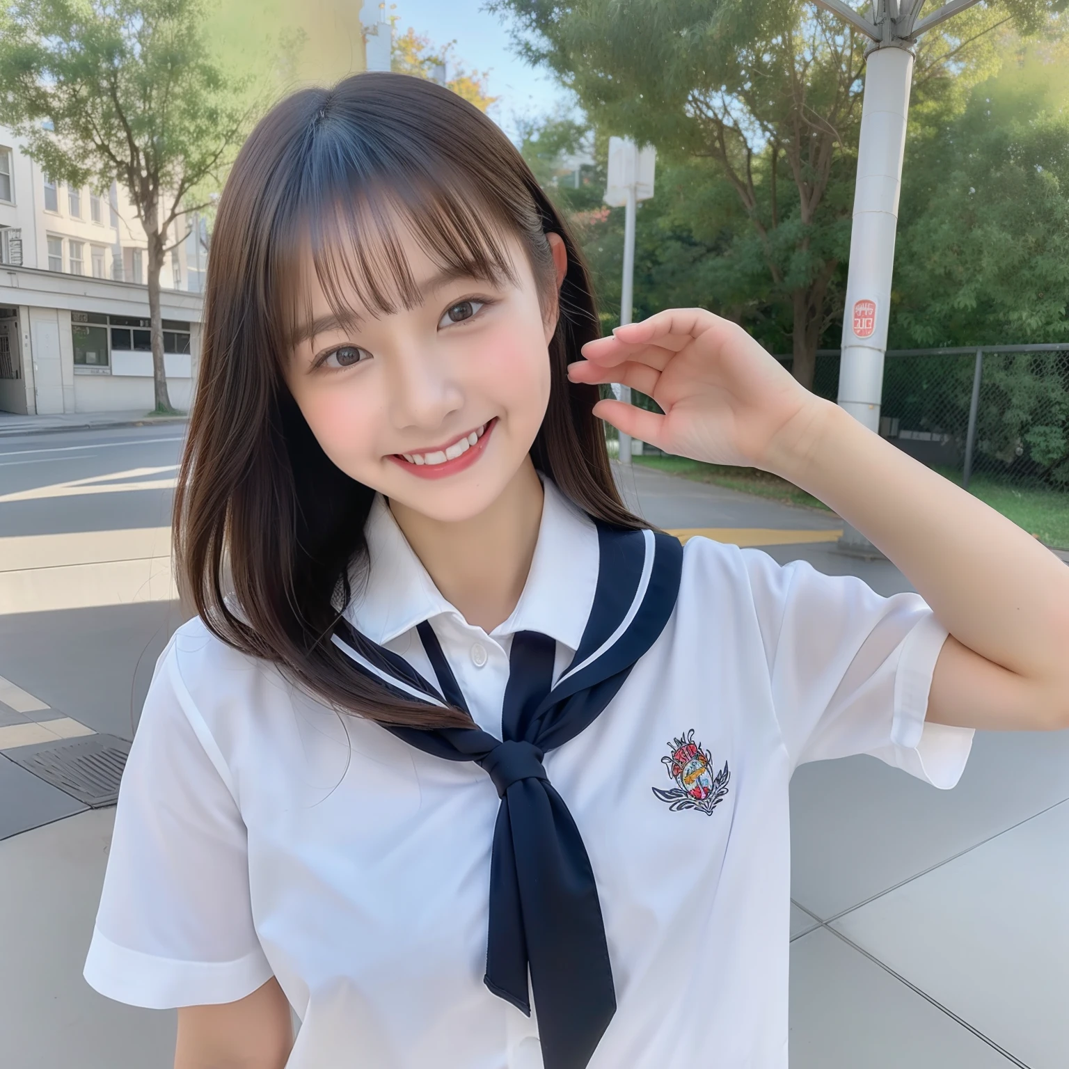 独奏　女の子1人　(８ｋ　ＵＨＤ　Raw photography、beste-Qualit、​masterpiece:1.45) (Raw photo:1.2), (photorealisitc)　realistically school uniform full body smiling woman perfect body shape gravure　女優