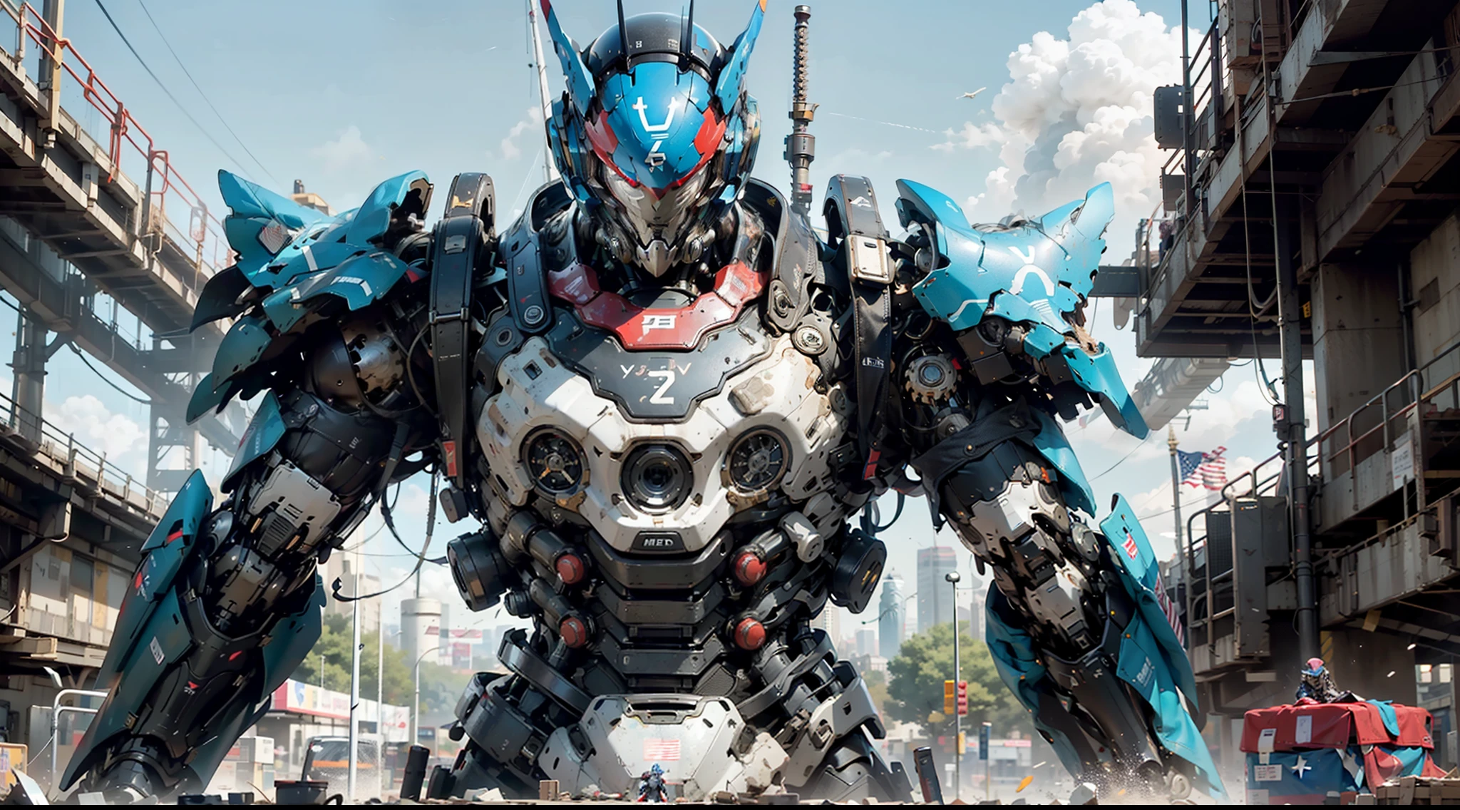 giant jaeger american football armor cyber punk, red blue white armor. Liberty statue in background, 2077, mechanical exoskeleton, Gundam, mecha, Gears of war, wide shot, cinematic lighting, high detail, Futurism, projected inset, zoom layer, letterboxed, move chart, UHD, american flag symbol on body,