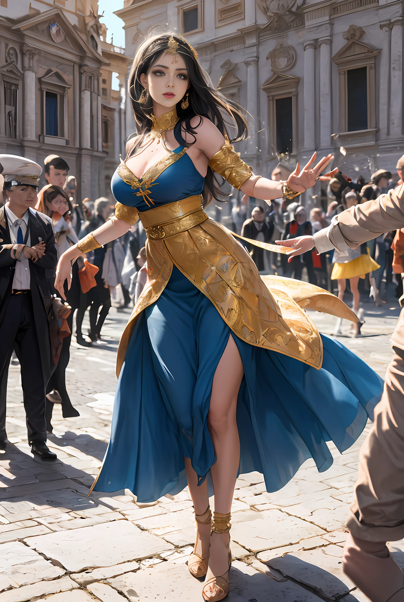 (巨作, Best quality, Realistic),
1girlhugebreasts,(on the St. Peter's Square of Vatican,crowd of), sankta. Peter's Square of Vatican background,gypsy dress,(Princess Eyes,shiny pupils),Dancing,banquet, crowd, picking up skirt,
[Slight smile],