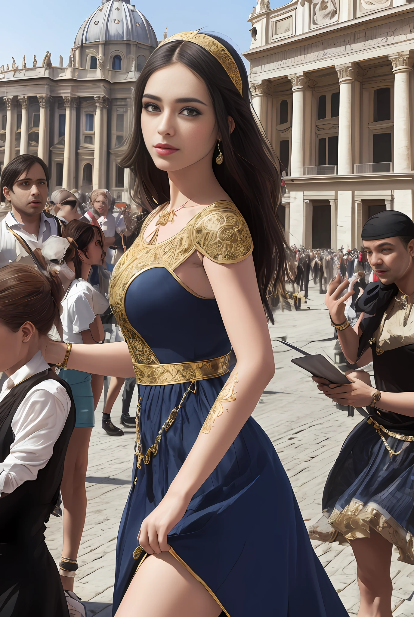 (masterpiece, best quality, realistic),
1girl,(on the St. Peter's Square of Vatican,crowd), St. Peter's Square of Vatican background, gypsy dress, dancing, intricate, dark blue dress, gold,banquet, crowd, picking up skirt,pale skin,
[slight smile],