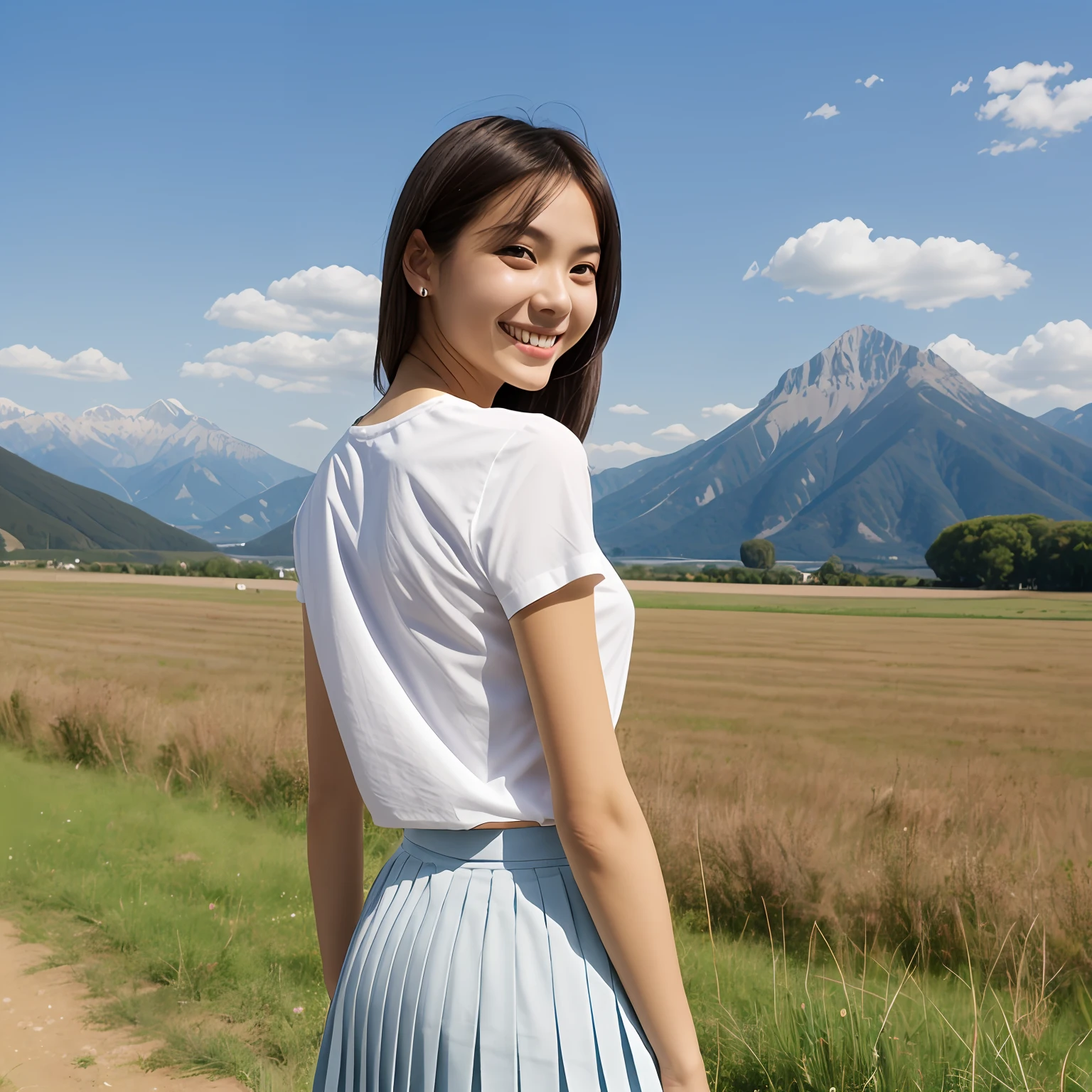 Smile, cute, young face, 18 years old, female, white short-sleeved shirt, light blue pleated skirt, looking back, brown eyes, hair color is silver gray, shoulders are delicate, height is 150 cm, waist size is 58 cm, chest size is 85 cm, D cup moderately shaped Abdominal muscles, hip size of 80 cm, rounded buttocks, surreal blue sky, lawn, mountains in the distance --auto