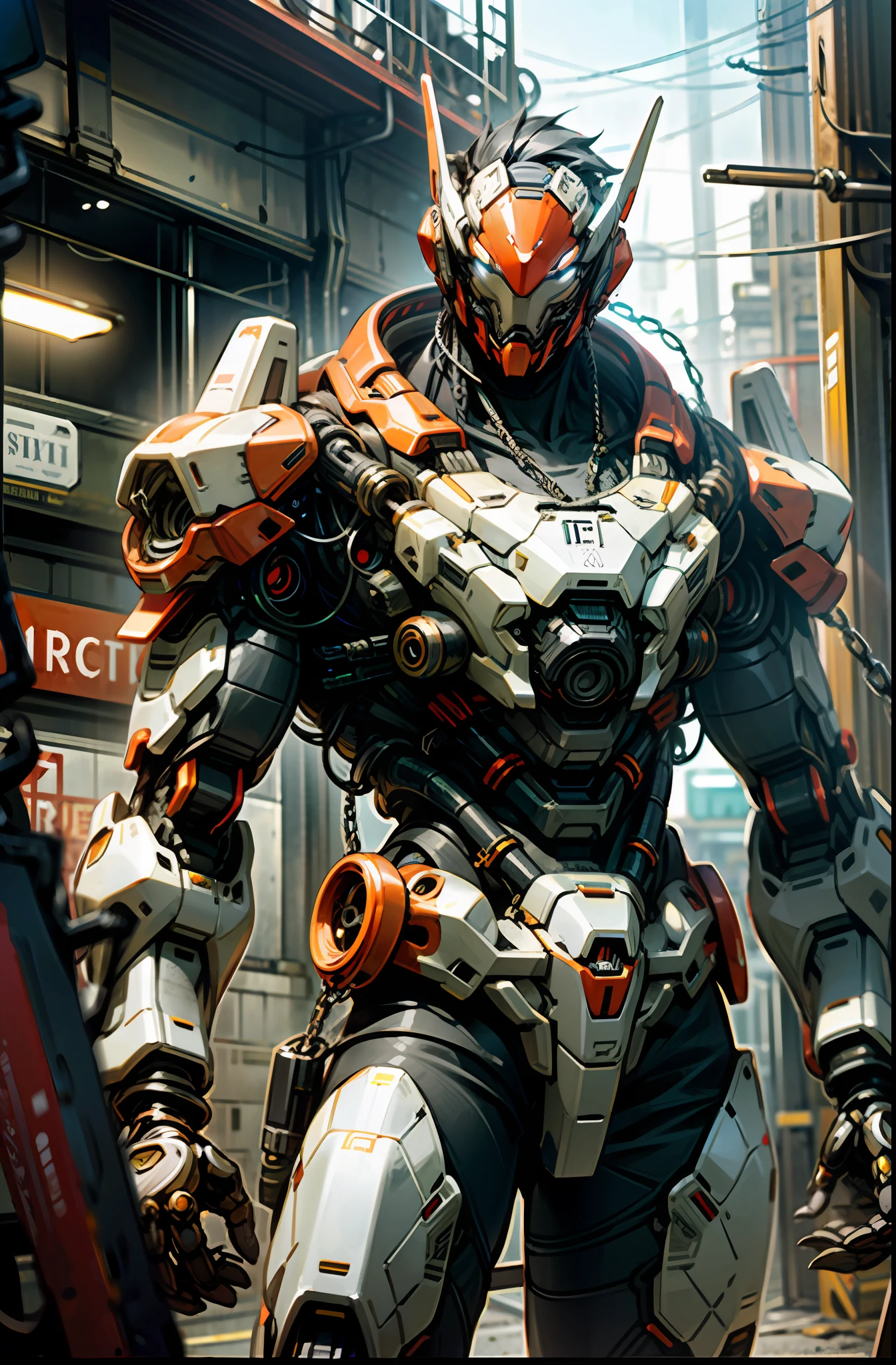 Dark_Fantasy,Cyberpunk,(chain saw,chain saw man,Red:1.1),1man,Mechanical marvel,Robotic presence,Cybernetic guardian, wearing a worn-out mech suit, intricate, (steel metal [rusty]), elegant, clear focus, shot by greg rutkowski, soft lighting, vibrant colors, masterpiece, ((street)), cowboy shot, dynamic pose,