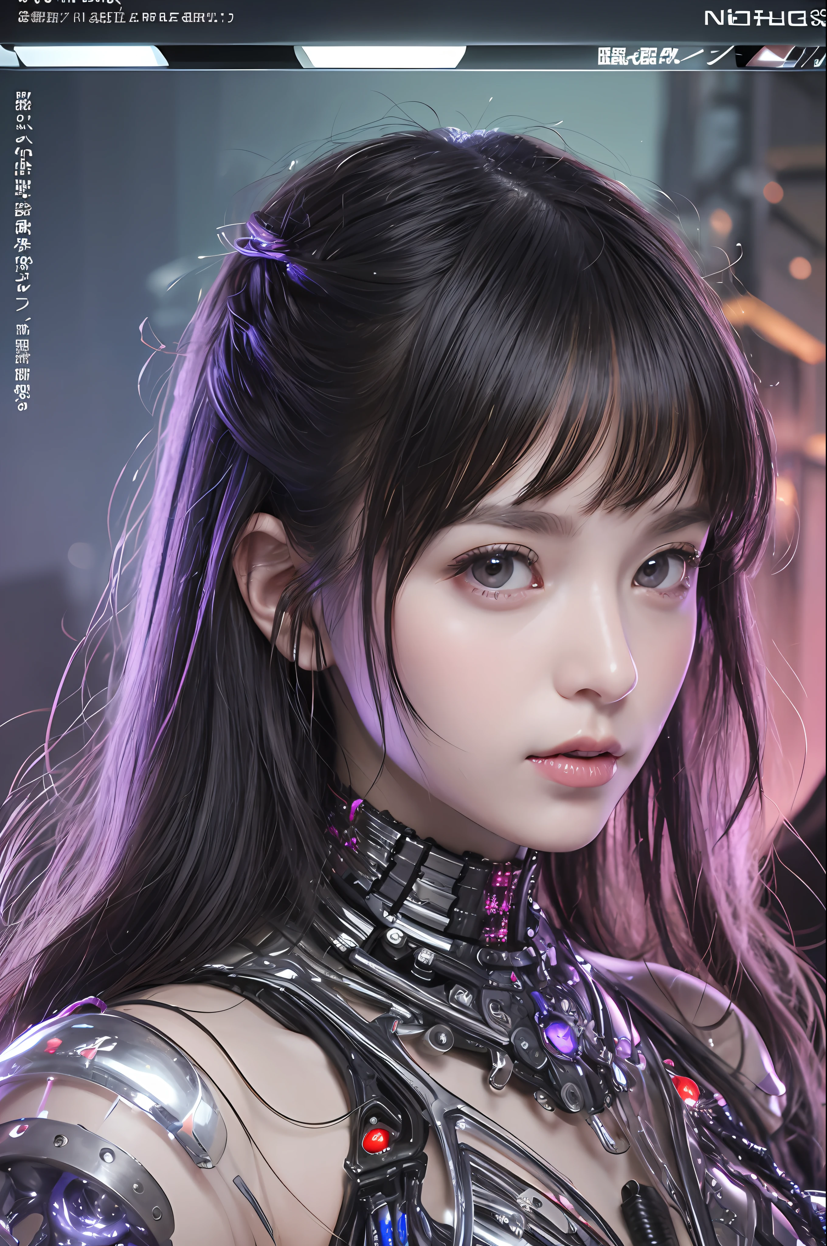 beste-Qualit、​masterpiece、Super-High Resolution、(photorealisitc:1.4)、Raw photo、女の子1人、Black hair、glowy skin、Cyberpunk Girl、((Ultra Realistic Detail))、portlate、Global Illumination、Shadow、octan render、in 8K、ultrasharp、hugetits、Raw skin is exposed in cleavage、Details of complex ornaments、Gothloli details、Glass Parts、Glass Tube、Glass cover、Luminous tube、Nixie Kan、vacuum tubes、Analog Meter、highly intricate detail、Realistic light、CGSoation Trends、purple-eyed、radiant eyes、Facing the camera、neon details、Mechanical limbs、blood vessels connected to tubes、Mechanical vertebrae attached to the back、mechanical cervical attaching to neck、sitting on、Wires and cables connecting to the head、Small LED lamp、