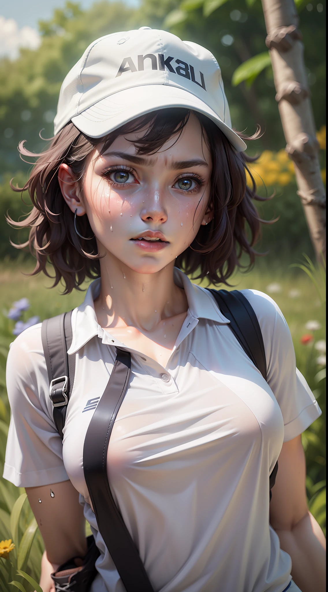 1girl, solo, white polo shirt, white sneakers, tennis wear, white miniskirt, masterpiece, best quality, realistic, hyper-detailed, (shiny skin, sweaty:1.4), absurd, looking at viewer, short black hair, brown eyes, slender, dynamic lighting, high resolution, sharp focus, depth of field, detailed eyes, sharp pupils, realistic pupils, (small breasts:1.6), (thick thighs:1.0), outdoor, sky