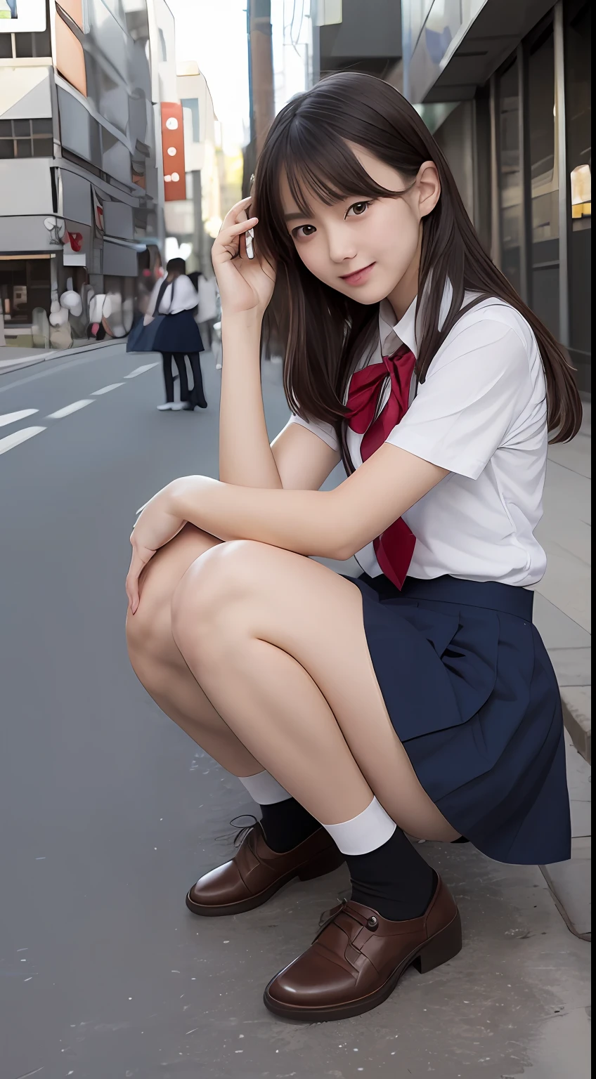 ((beste-Qualit、8K、​masterpiece：1.3))、foco nítido：1.2、Beautiful Women in Perfect Style：1.4、((White bra))、((white  panties))、Slender Abs：1.2、((Dark brown hair、hugetits：1.2))、(natural  lightting、City Street:1.1)、Highly detailed facial and skin texture、Detailed eye、双眼皮,(Raw foto:1.2), (photorealisitc:1.4), a beautiful detailed girl, extremely detailed eye and face, beautiful detailed eyes, Ridiculous, Unbelievably ridiculous, huge filesize, ultra-detailliert, hight resolution, highly detaile, beste-Qualit, ​masterpiece, Kemomimi, ((Japanese girls' high school uniform)), illustratio, highly detaile, SVD, unification,  finely detail, ​masterpiece, beste-Qualit, Highly detailed ticker uniform 8K wallpaper, Light on the Face、电影灯光、16yo girl、((dynamicposes)))、(Sitting on legs bending the knees))、cute little、a short skirt、cute school girl、Japan schoolgirl wearing uniform、Surreal High School Girl、1girl in、Holding a skirt、Skirt flipping、roll up the skirt、exteriors、A smile