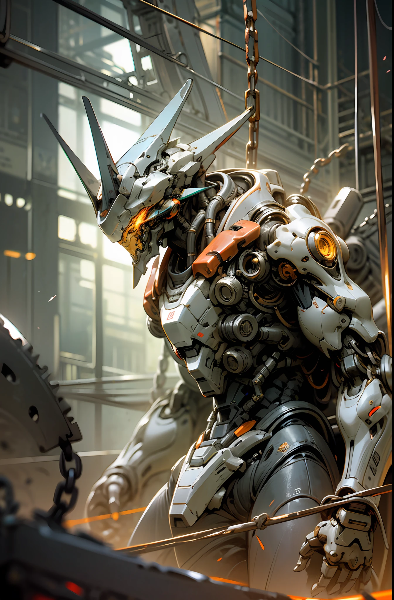 Dark_Fantasy,Cyberpunk,(chain saw,chain saw man,Red:1.1),1man,Mechanical marvel,Robotic presence,Cybernetic guardian, wearing a worn-out mech suit, intricate, (steel metal [rusty]), elegant, clear focus, shot by greg rutkowski, soft lighting, vibrant colors, masterpiece, ((street)), cowboy shot, dynamic pose,