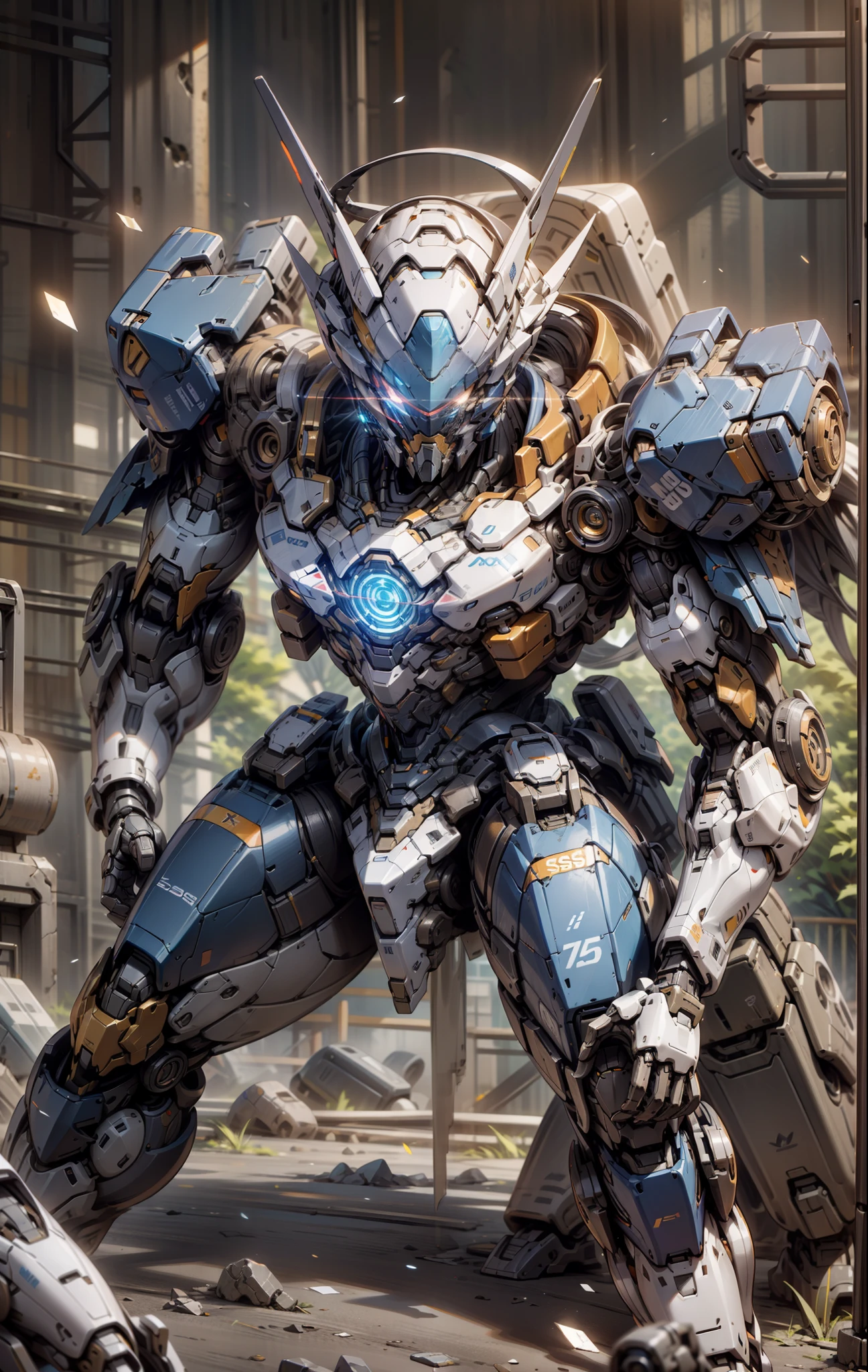 Damaged mecha, blue glowing eyes, tilted position, chest shot, blue, red, yellow, complex mech
Armor, volumetric lighting, rendered in Octane, high detail 5--s 750--niji 5