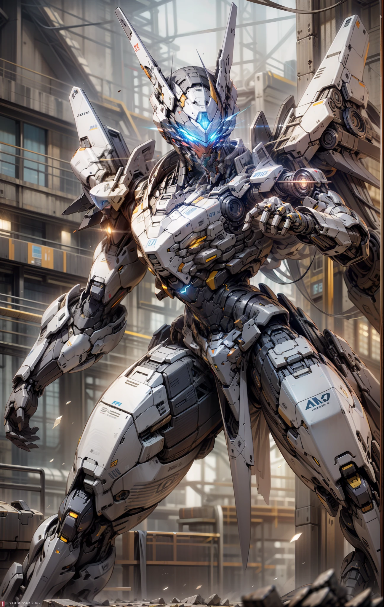 Damaged mecha, blue glowing eyes, tilted position, chest shot, blue, red, yellow, complex mech
Armor, volumetric lighting, rendered in Octane, high detail 5--s 750--niji 5