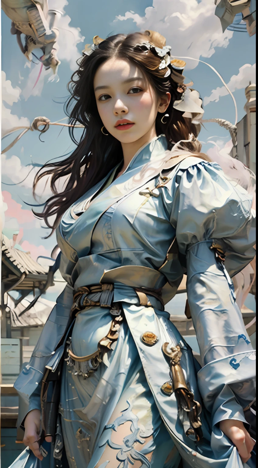 best quality:1.4), ((masterpiece)),((realistic)), (detailed),(photorealistic:1.4), the painting shows a woman standing behind the clouds,in the style of fang lijun, love and romance, uemura shoen, (light white and light blue:1.1), flowing draperies, fresco painting, naomi tydeman Dali style