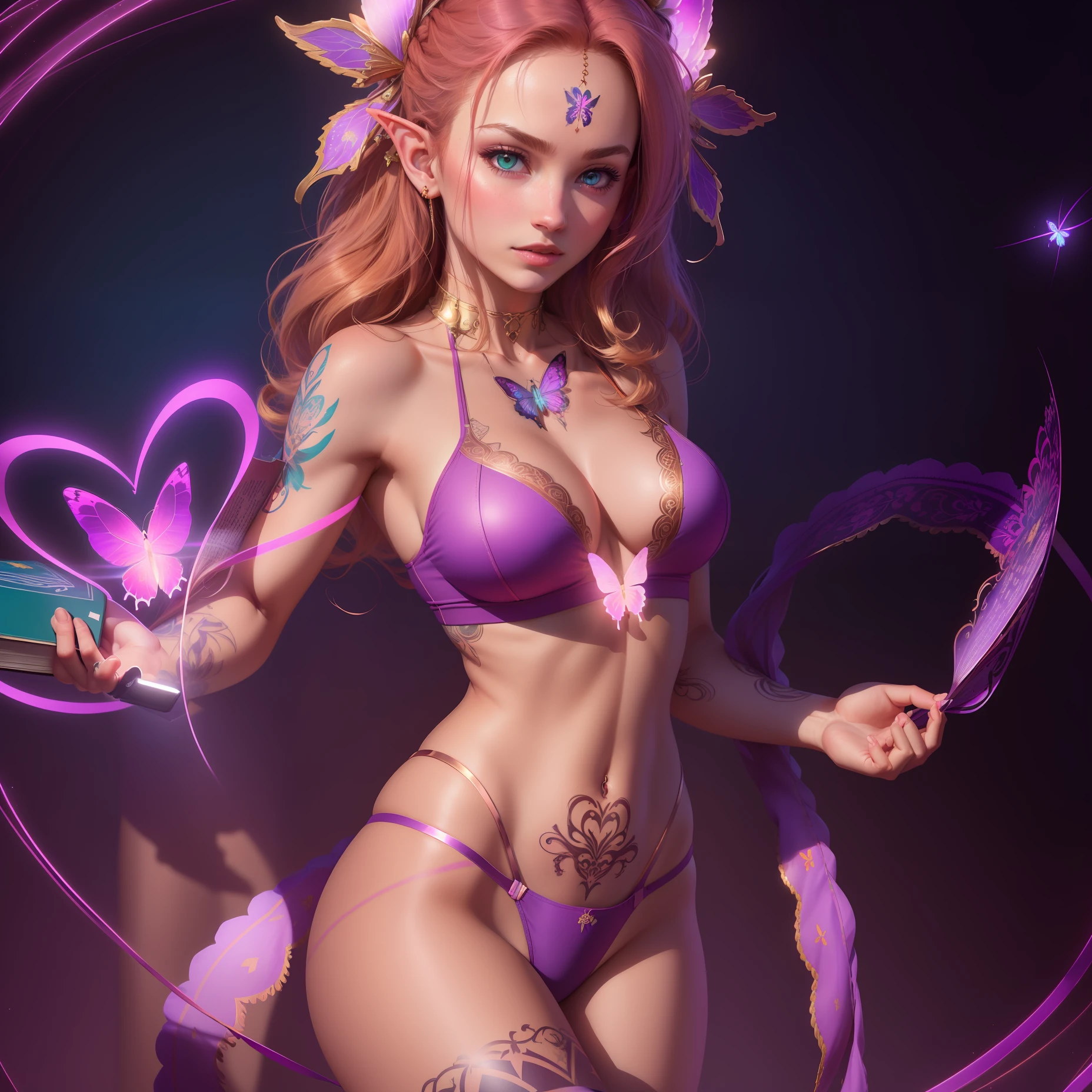 "((The picture quality is excellent, Soft light and shadow, Fresh cyan tones，Yoga scene，Tough guy，Rose gold hair，Butterfly hair accessories，Elf-like ears，Stand naturally，Humble calves，the golden ratio，The tattoo，beautiful digital artworks，Tall and thin beauty goddess，Realistic，realistic pubic hair，8k，lamplight，Vest line，Yoga moves，stray hair，Have a book in hand，tmasterpiece)"