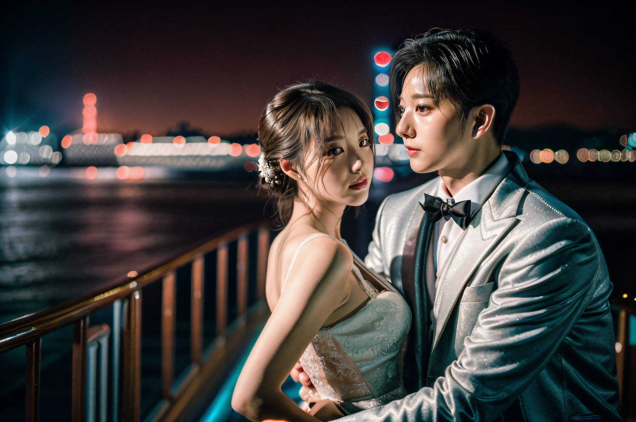 professional wedding photography, (Masterpiece), (intriciate detail), (photorealestic:1.3), (film grain:1.3), (perfect anatomia:1.3), break, party on the deck of a luxury cruise ship, background of hong kong at night, break, a romantic photoshoot of a handsome man and cute woman couple, wearing elegant outfits