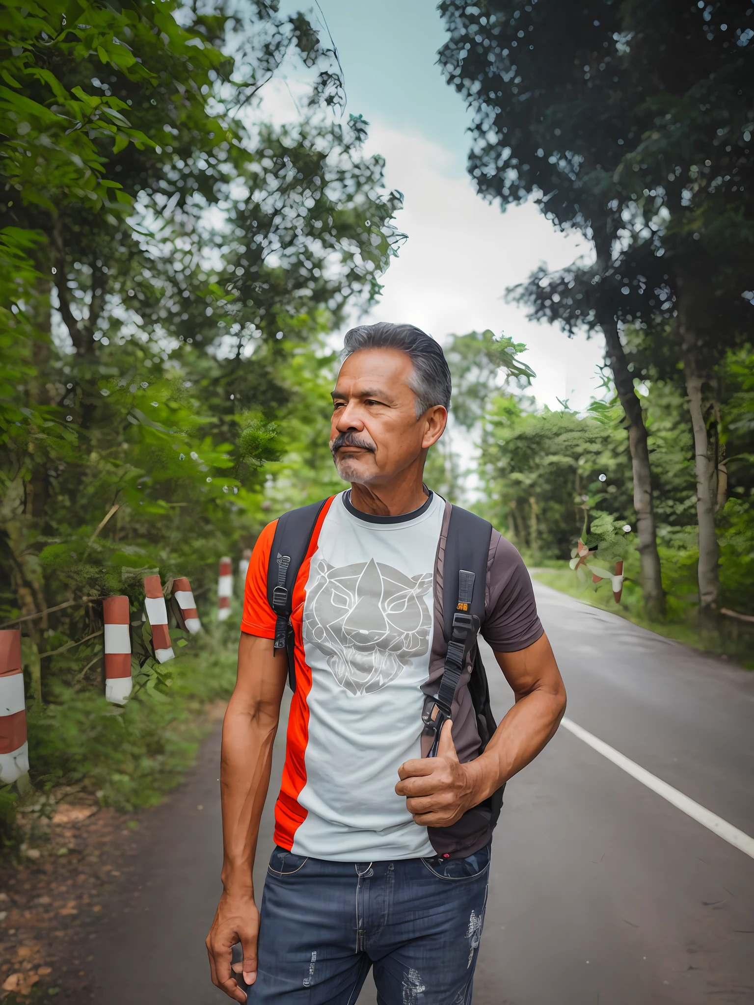 RAW photo, a portrait photo of 55 y.o man, traveler clothes, standing in the forest, natural skin, 8k uhd, high quality, film grain, Fujifilm XT3